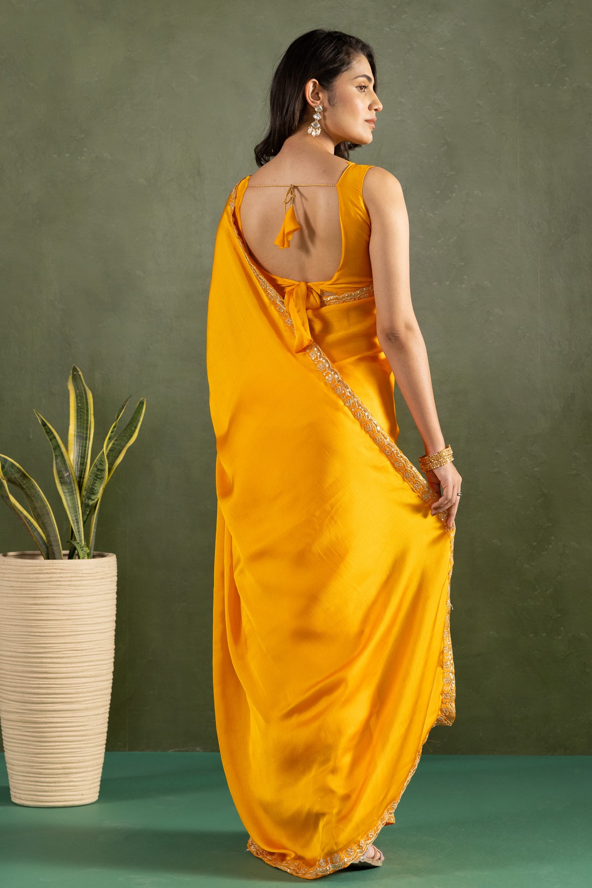 Yellow Chiffon Ready To Wear Designer Solid Partywear Saree