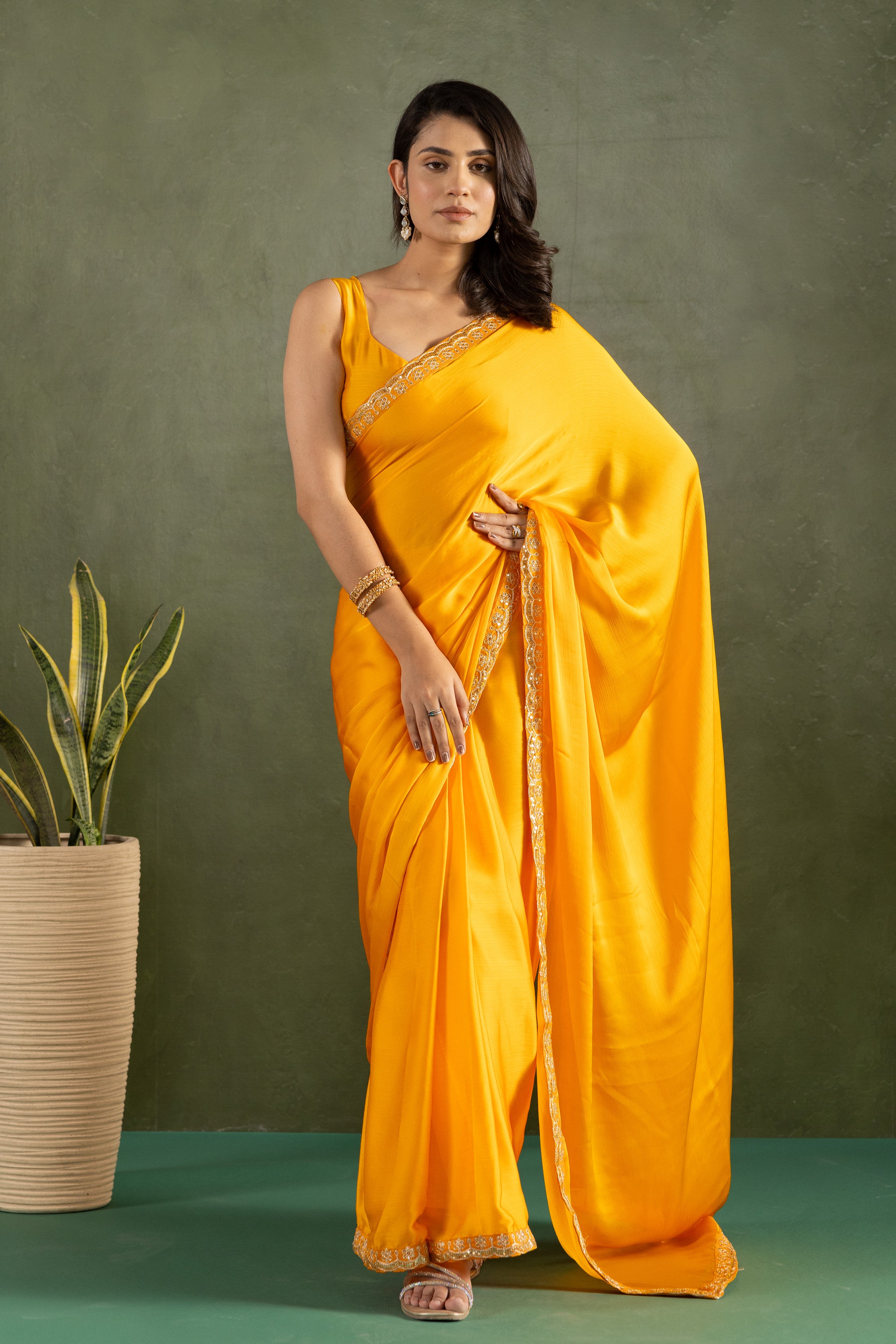 Yellow Chiffon Ready To Wear Designer Solid Partywear Saree