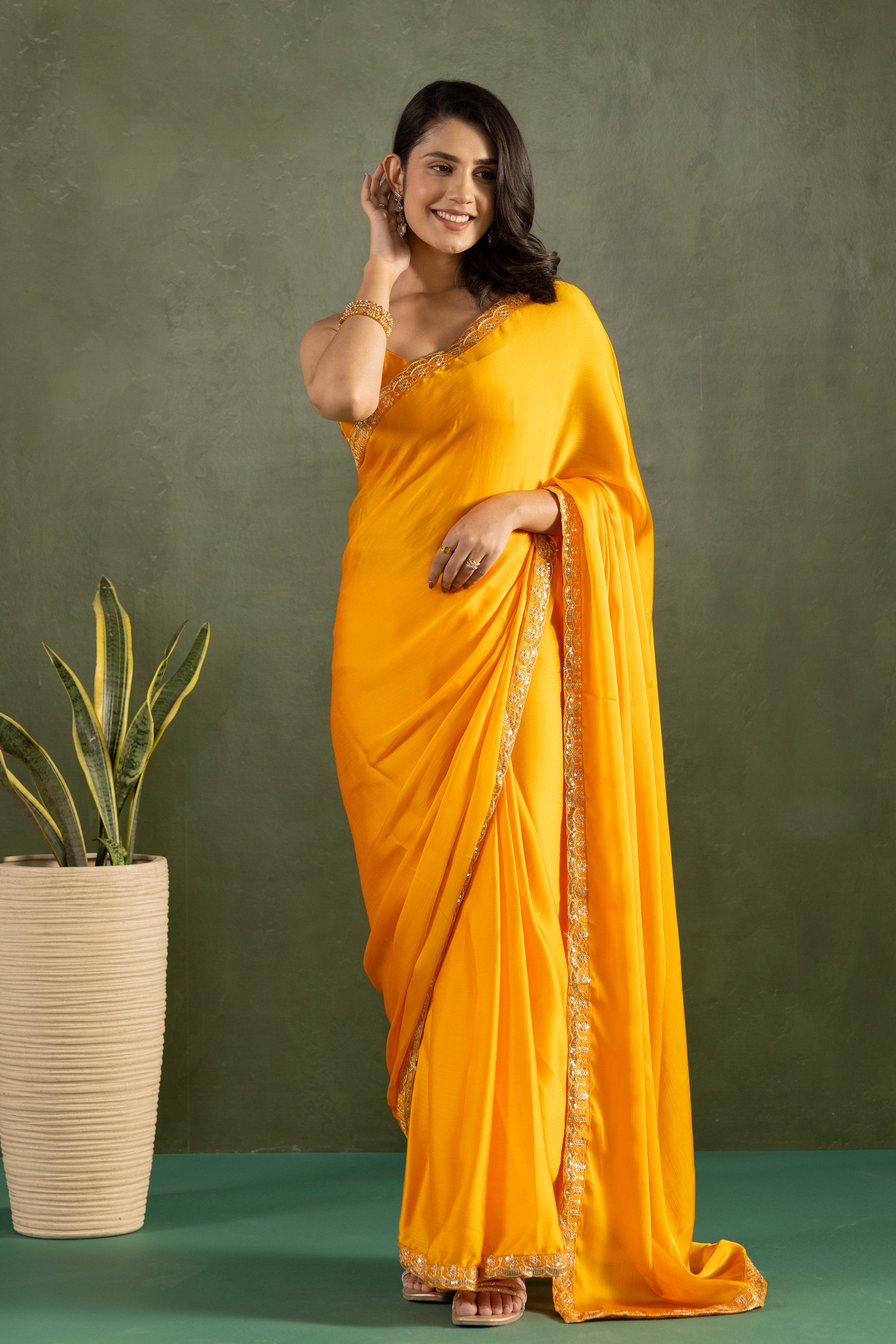 Yellow Chiffon Ready To Wear Designer Solid Partywear Saree