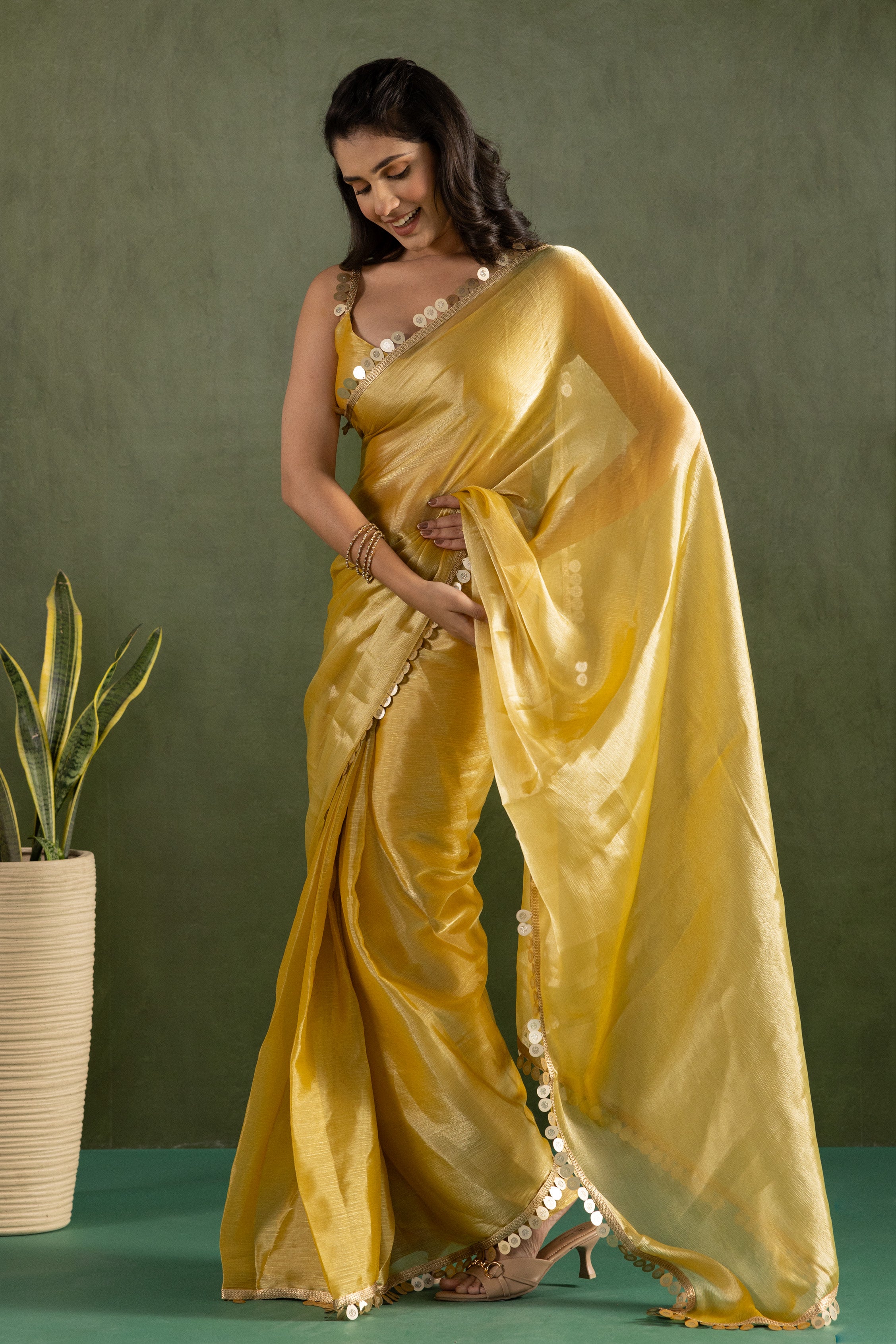 Yellow Chiffon Ready To Wear Designer Solid Partywear Saree