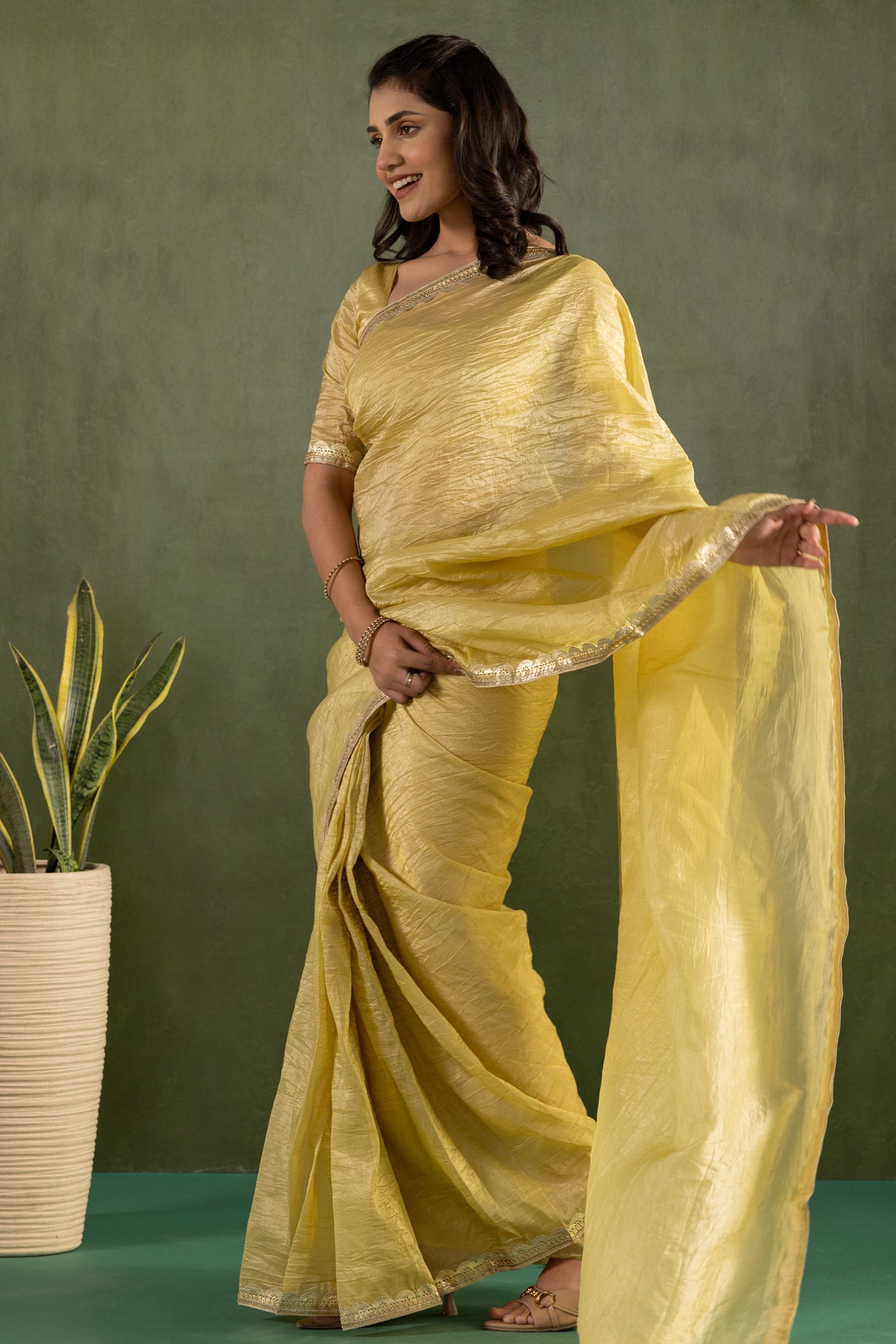 Yellow Chiffon Ready To Wear Saree For Graceful Bollywood Style Saree