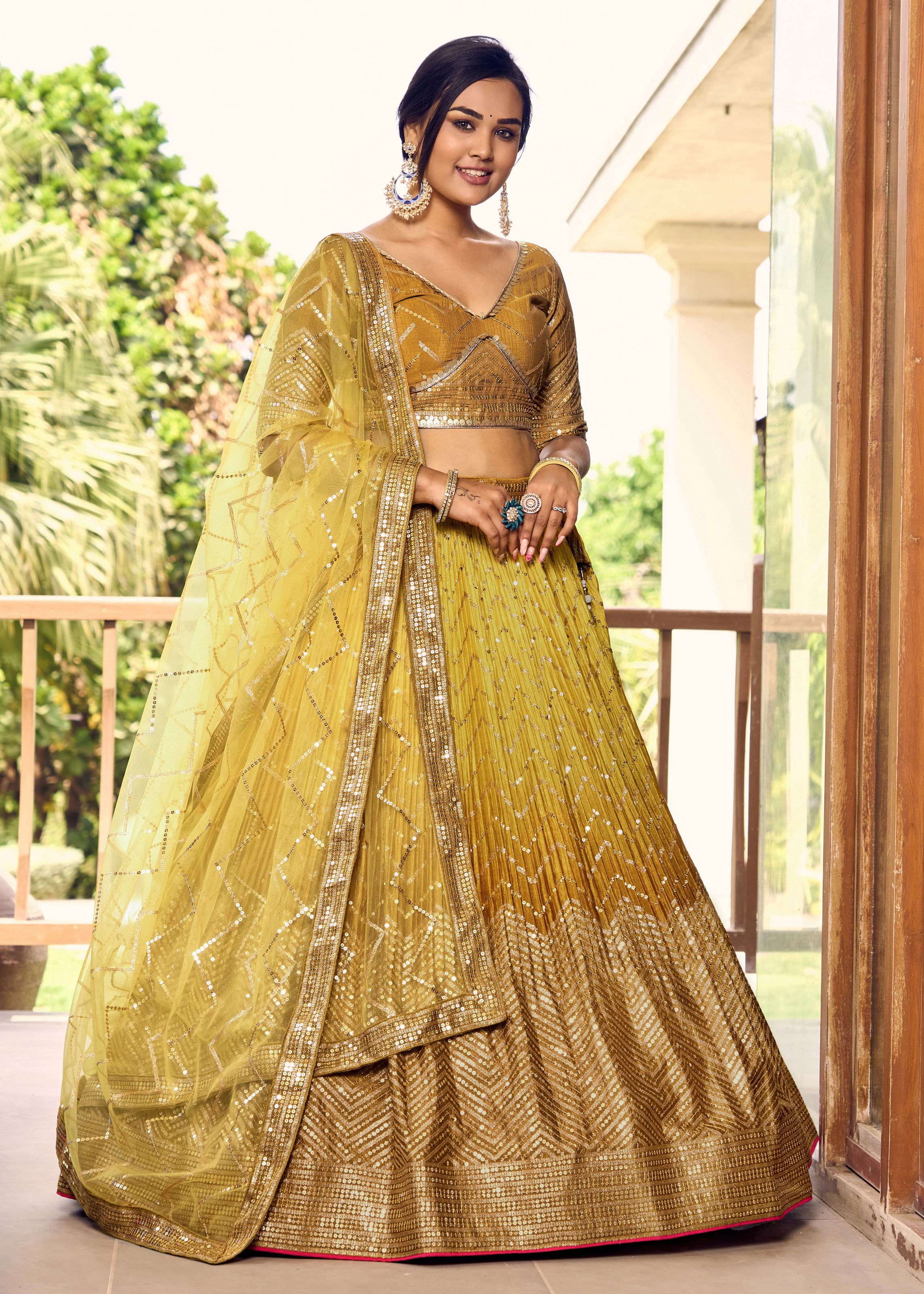 Yellow Chinon Lehenga Choli With Sequins, Thread Embroidery Work