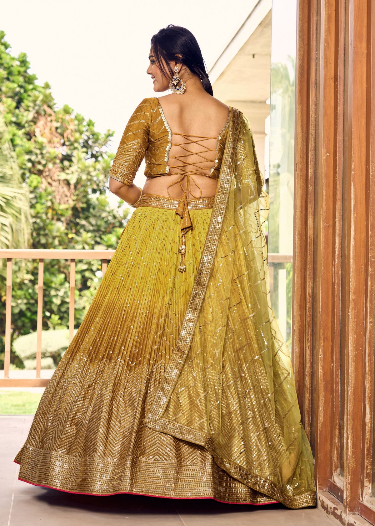 Yellow Chinon Lehenga Choli With Sequins, Thread Embroidery Work