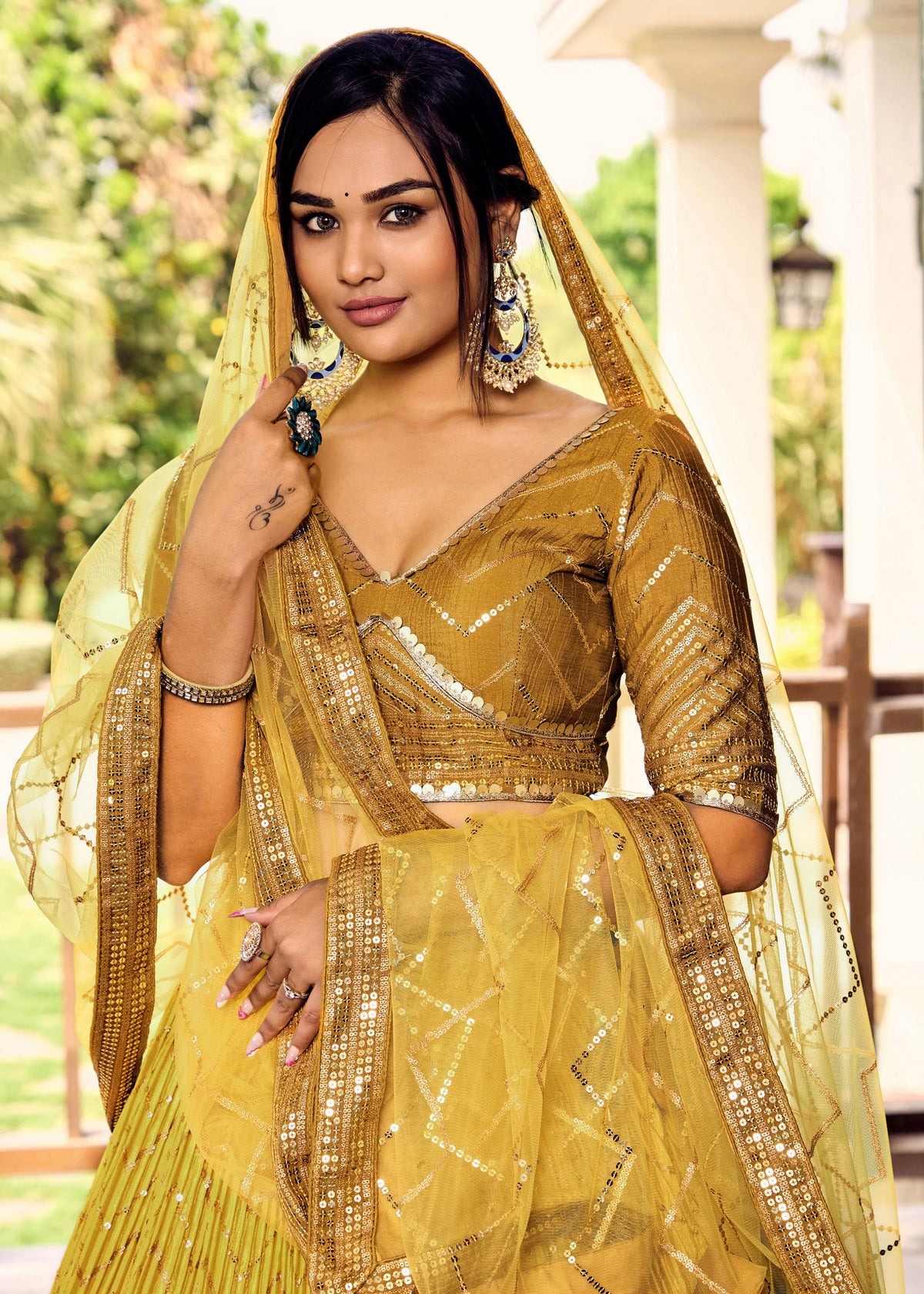 Yellow Chinon Lehenga Choli With Sequins, Thread Embroidery Work