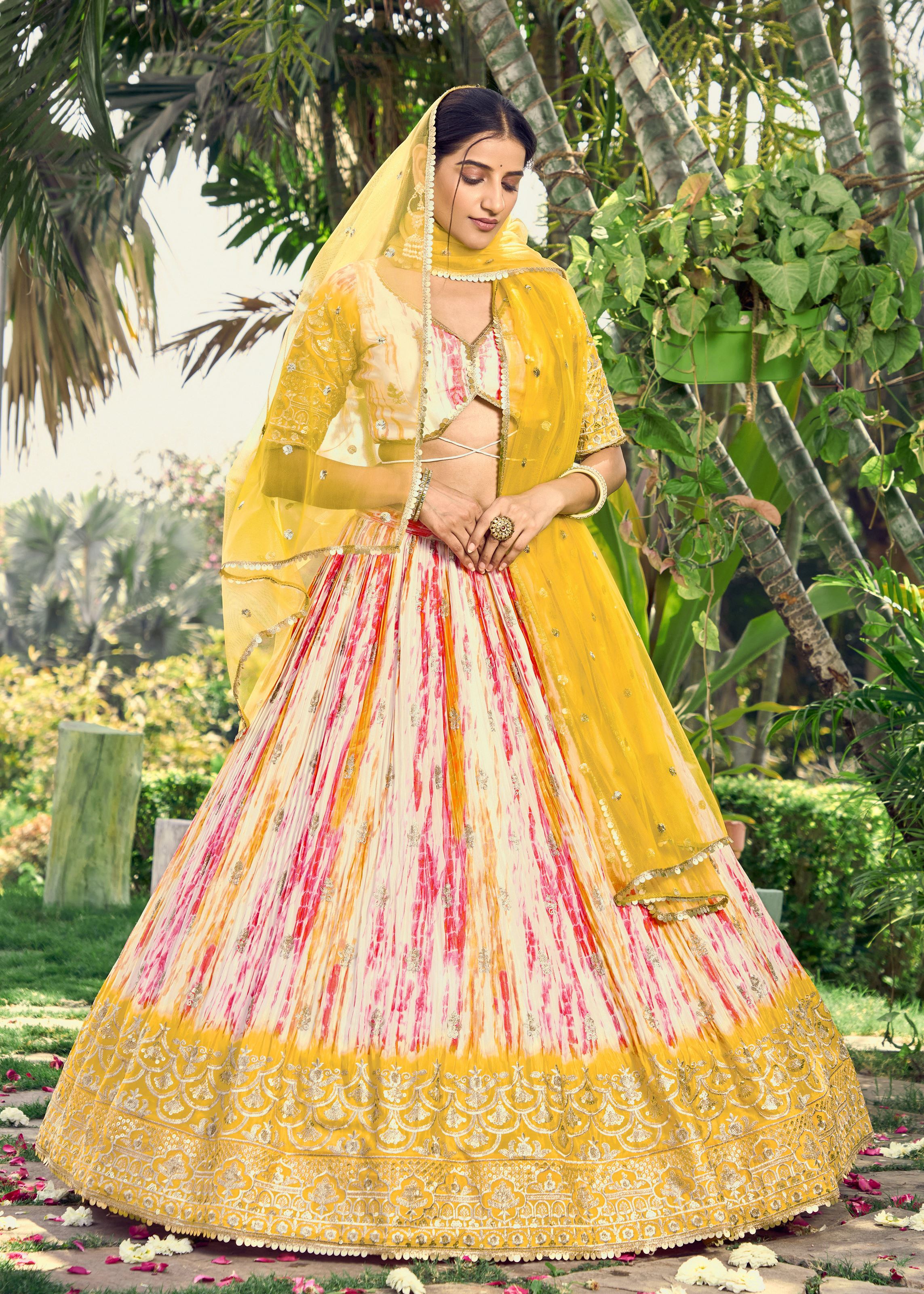 Yellow Chinon Lehenga Choli With Sequins, Zari Embroidery Work with Digital Print