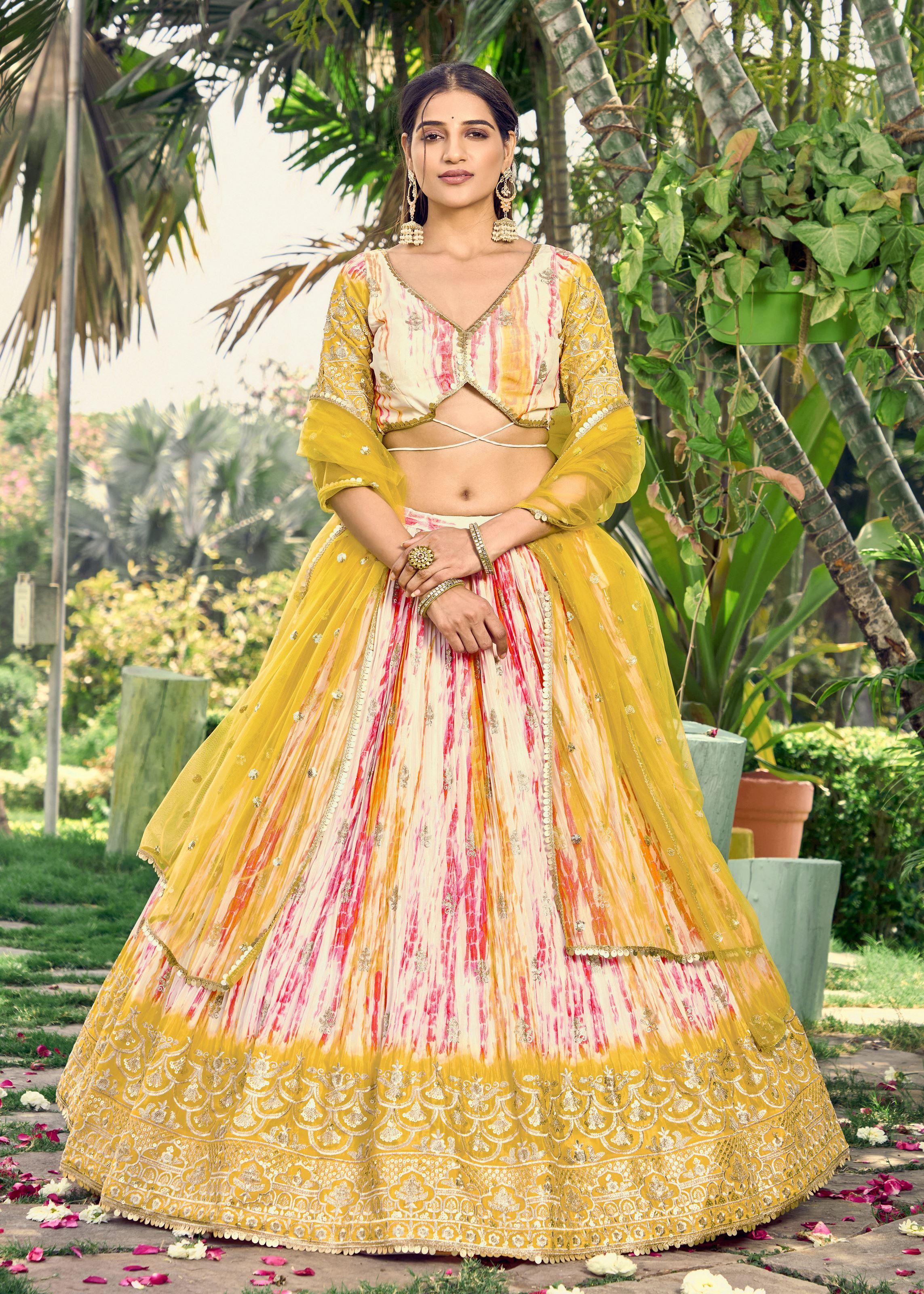 Yellow Chinon Lehenga Choli With Sequins, Zari Embroidery Work with Digital Print