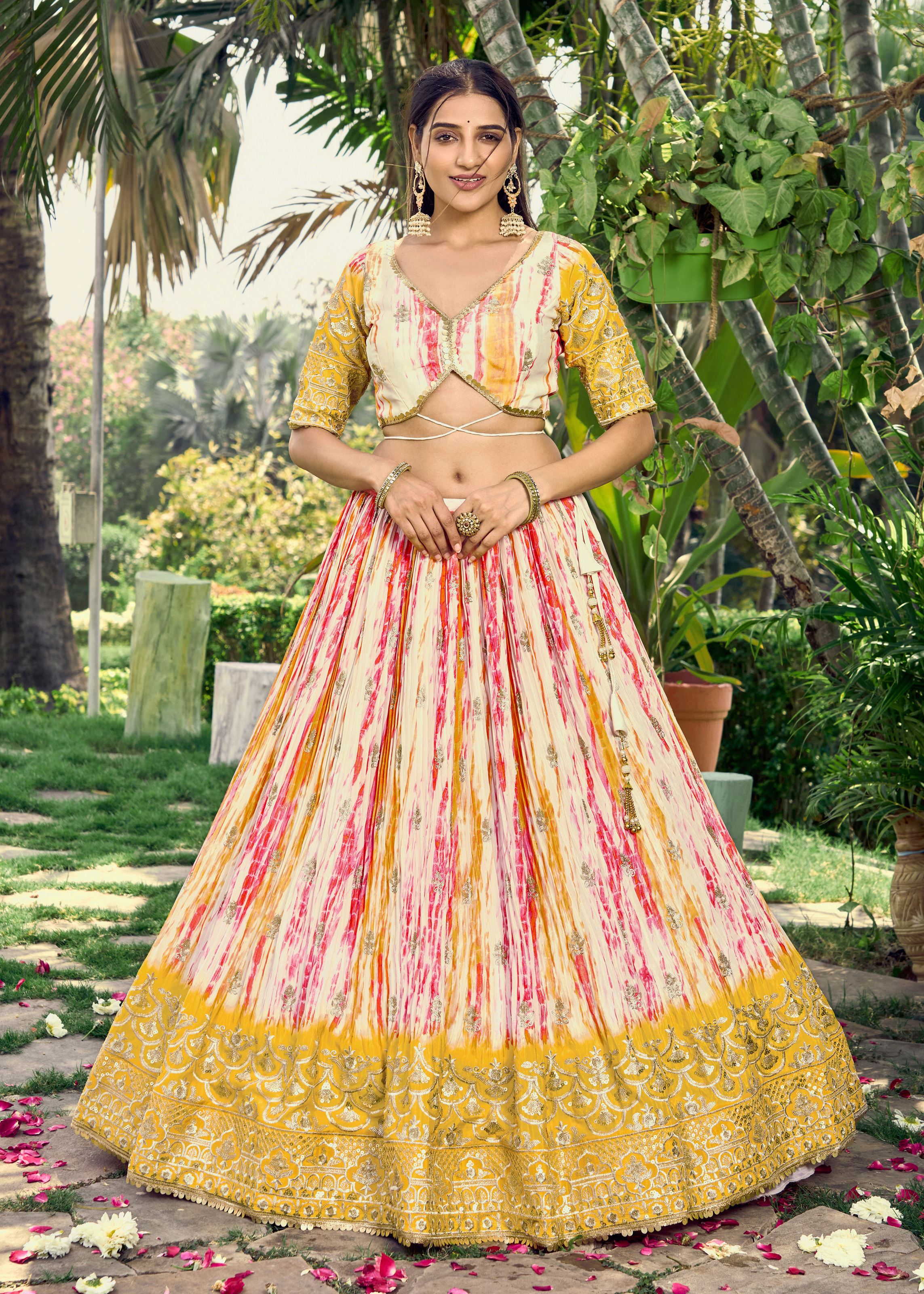 Yellow Chinon Lehenga Choli With Sequins, Zari Embroidery Work with Digital Print