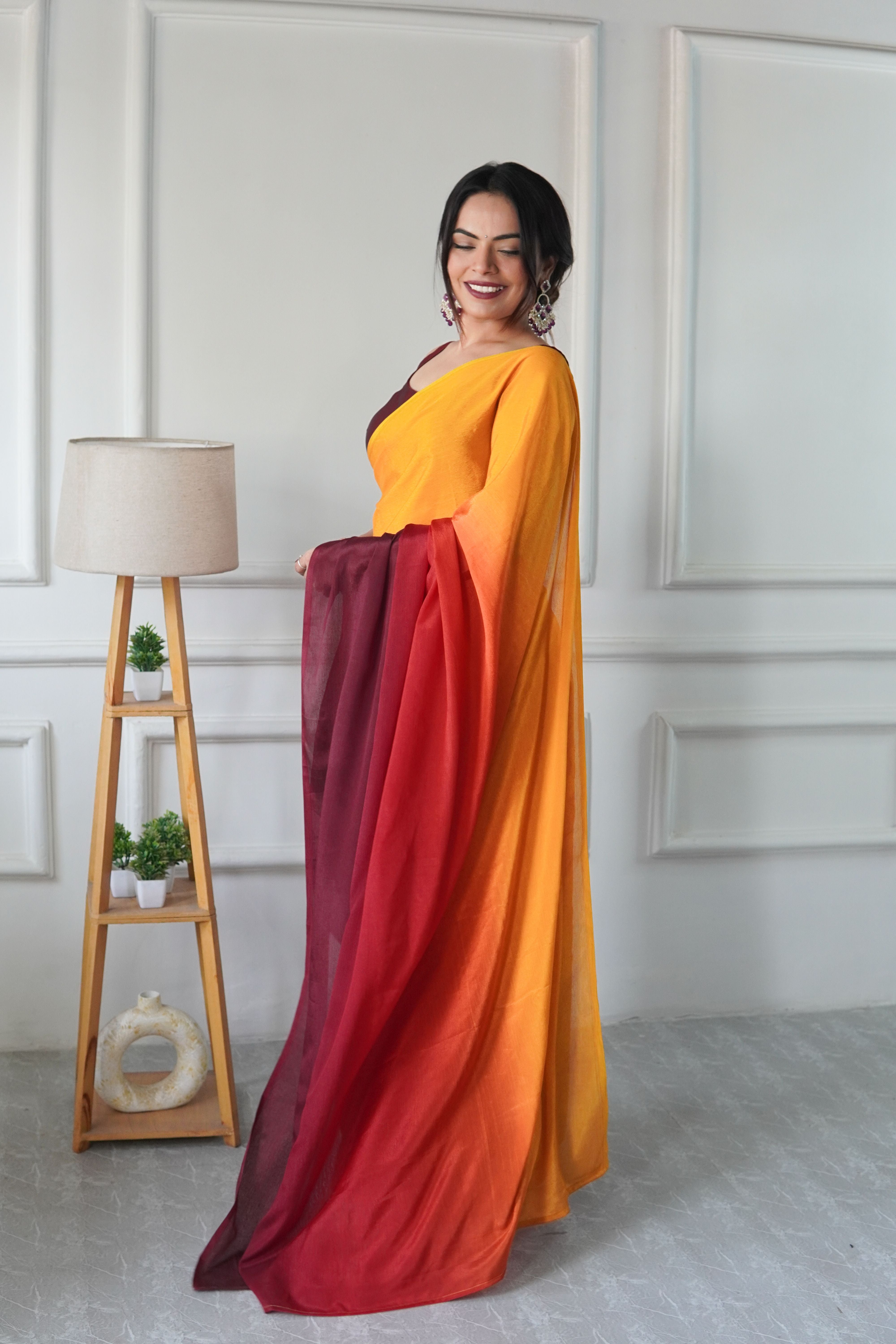 Yellow Chinon Pedding Solid Designer Ready To Wear Saree