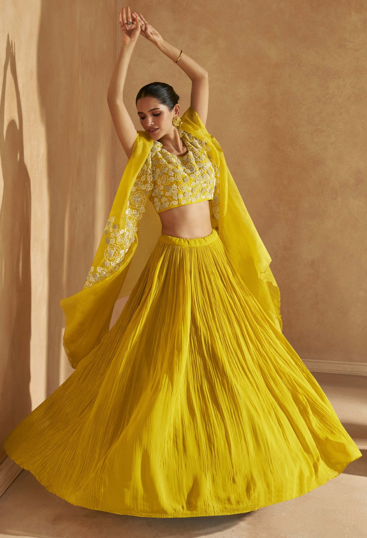 Yellow Chinon Silk Lehenga Choli With Handwork Jacket