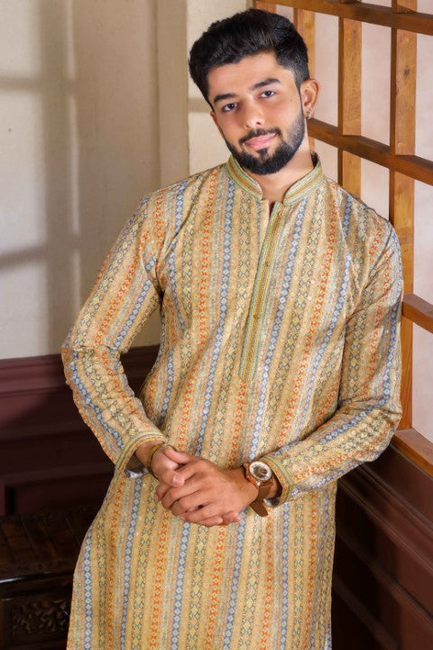 Yellow Cotton Blend Kurta Pajama with Abstract Print