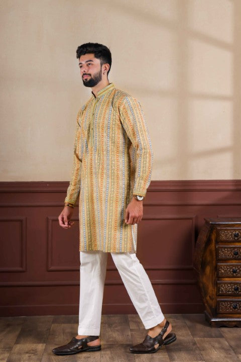 Yellow Cotton Blend Kurta Pajama with Abstract Print