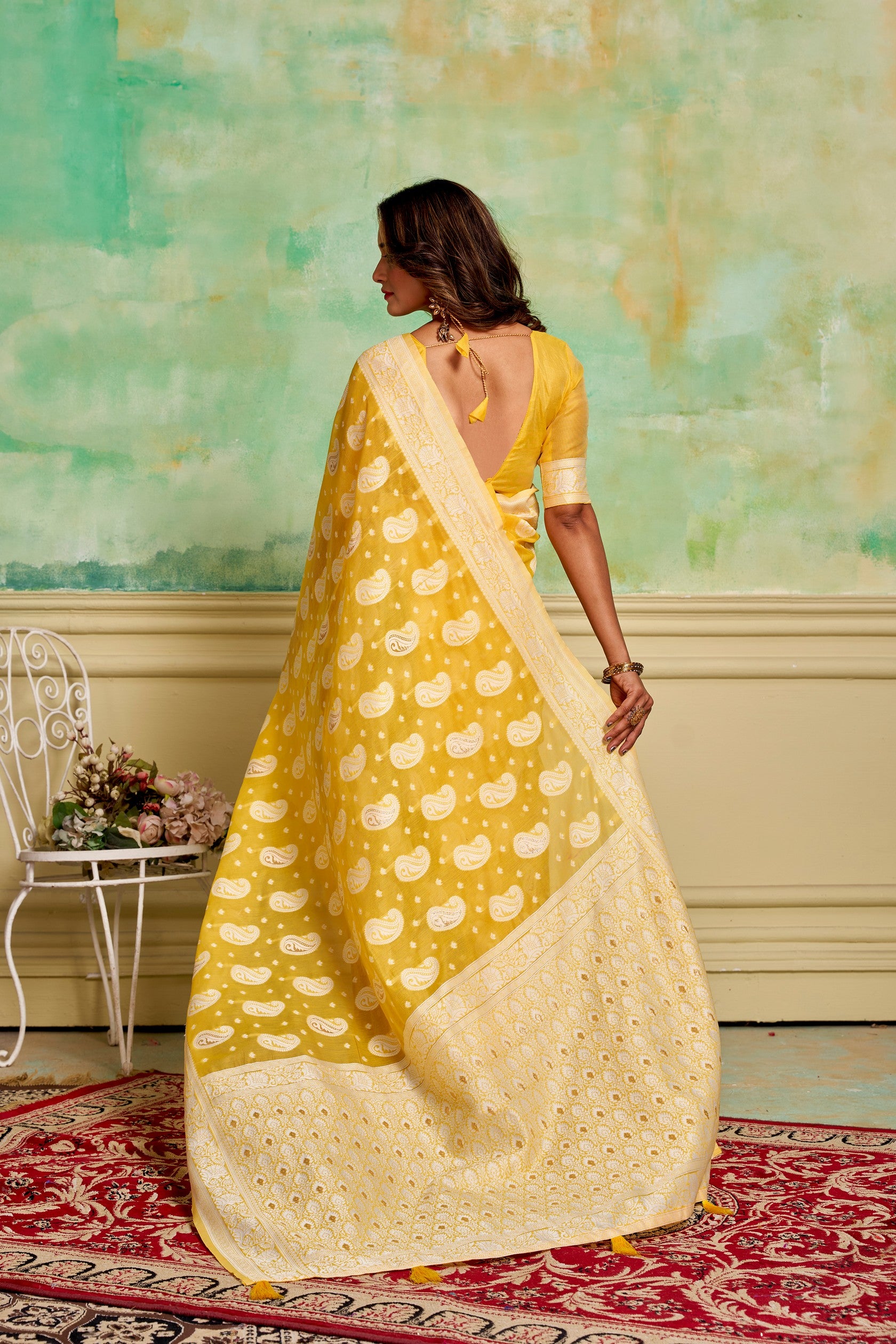 Yellow Cotton Fabric Woven Designer Ethnic Festive Wear Saree