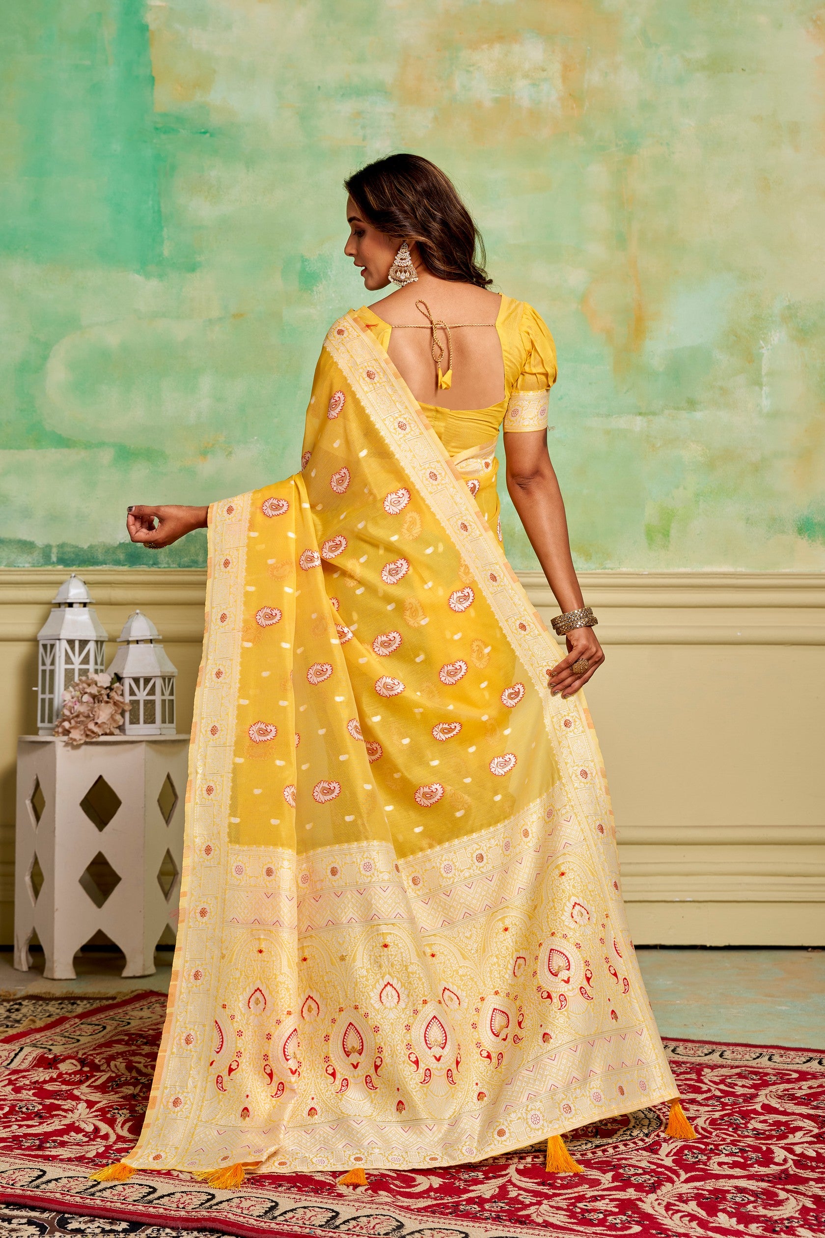 Yellow Cotton Fabric Woven Designer Ethnic Festive Wear Saree