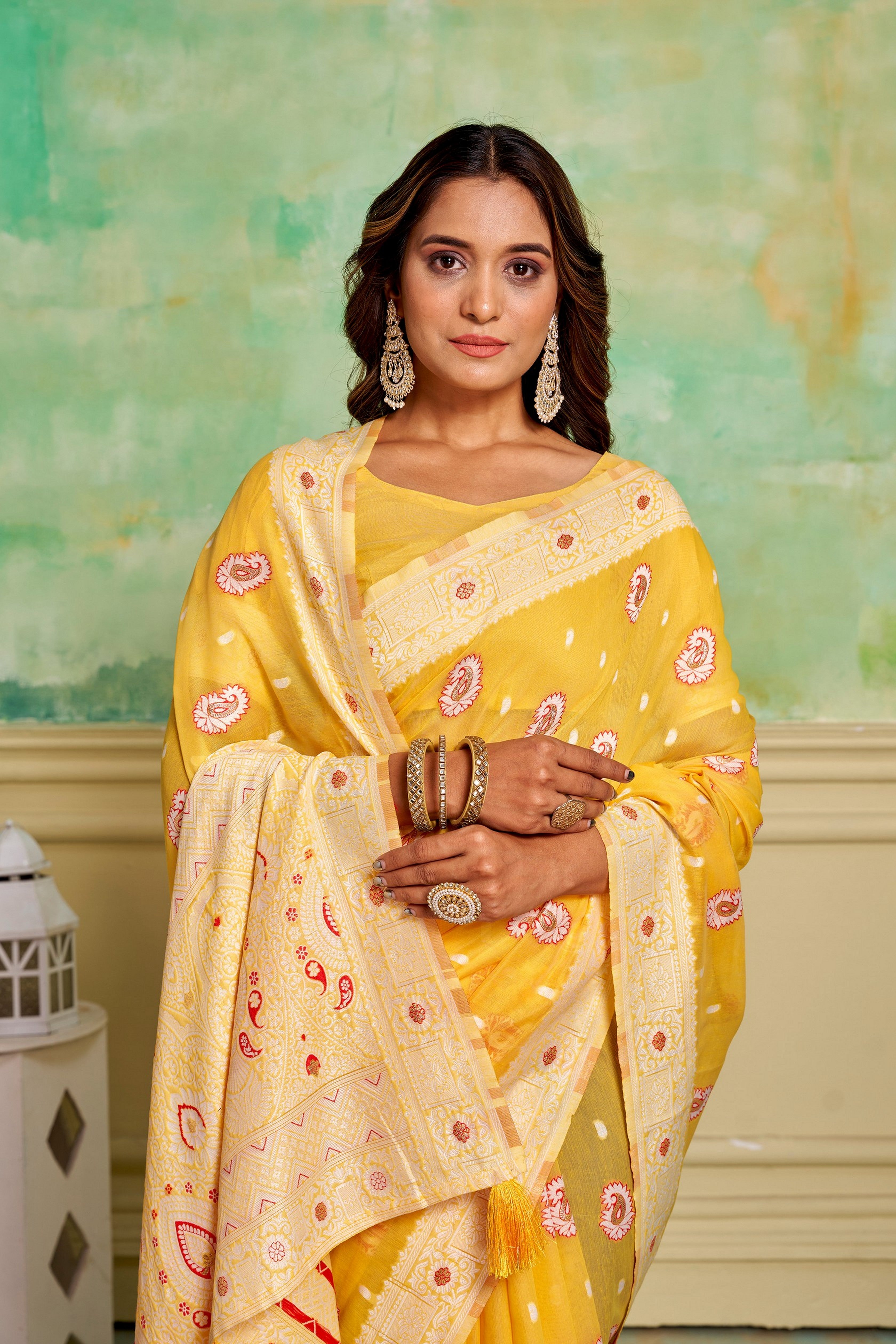 Yellow Cotton Fabric Woven Designer Ethnic Festive Wear Saree