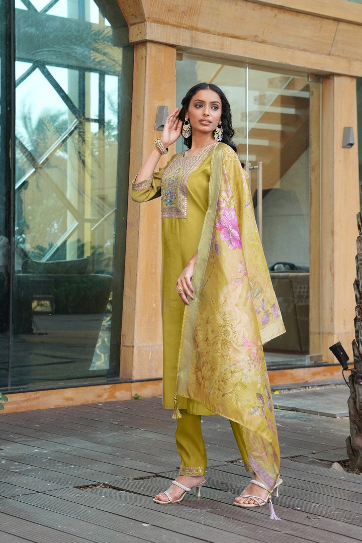 Yellow Cotton Silk Designer Suit Set With Artisan Embroidery