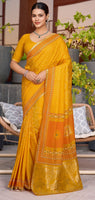 Yellow Cotton Silk Woven Designer With Table And Foil Printed Partywear Saree