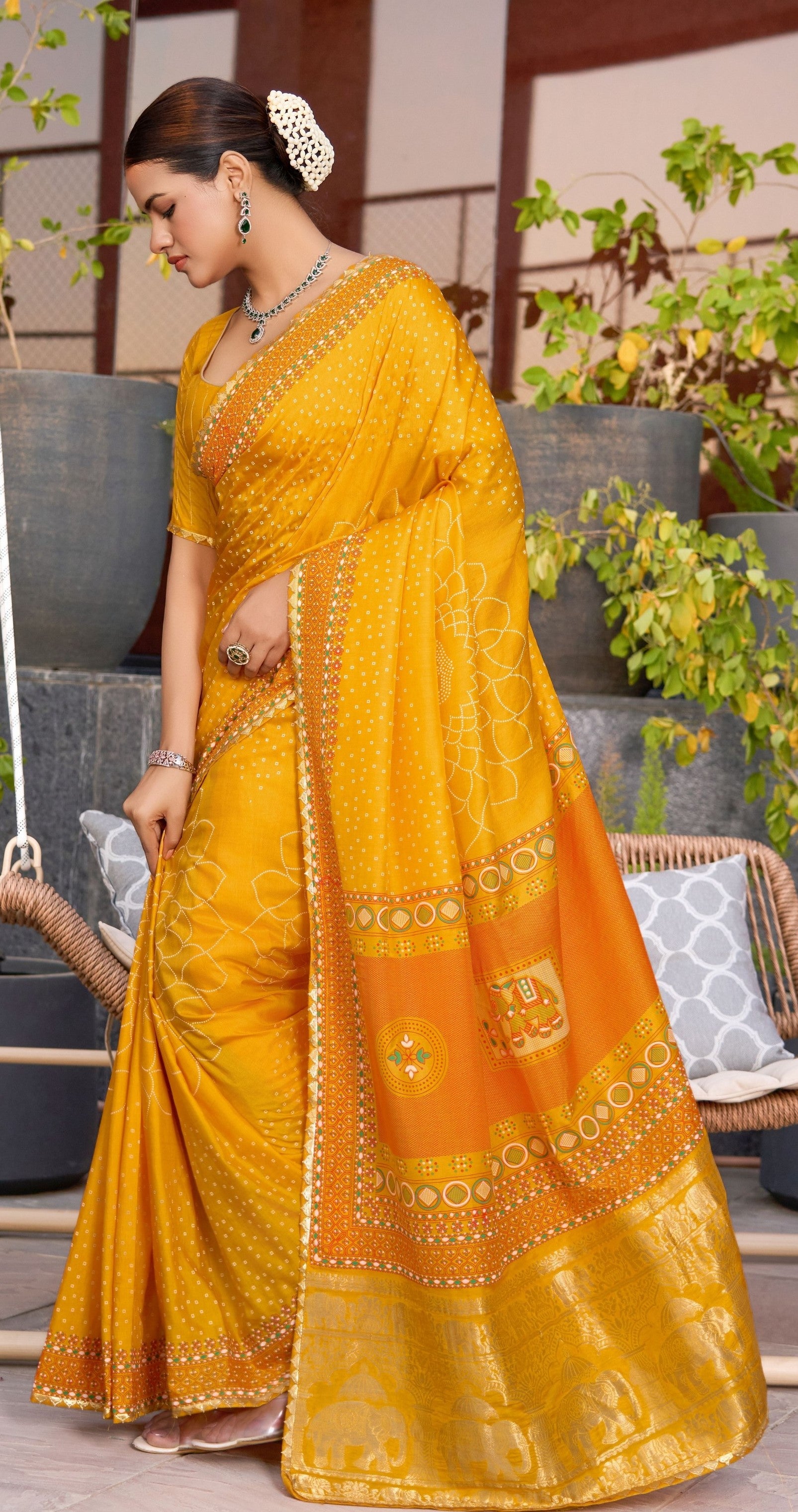 Yellow Cotton Silk Woven Designer With Table And Foil Printed Partywear Saree