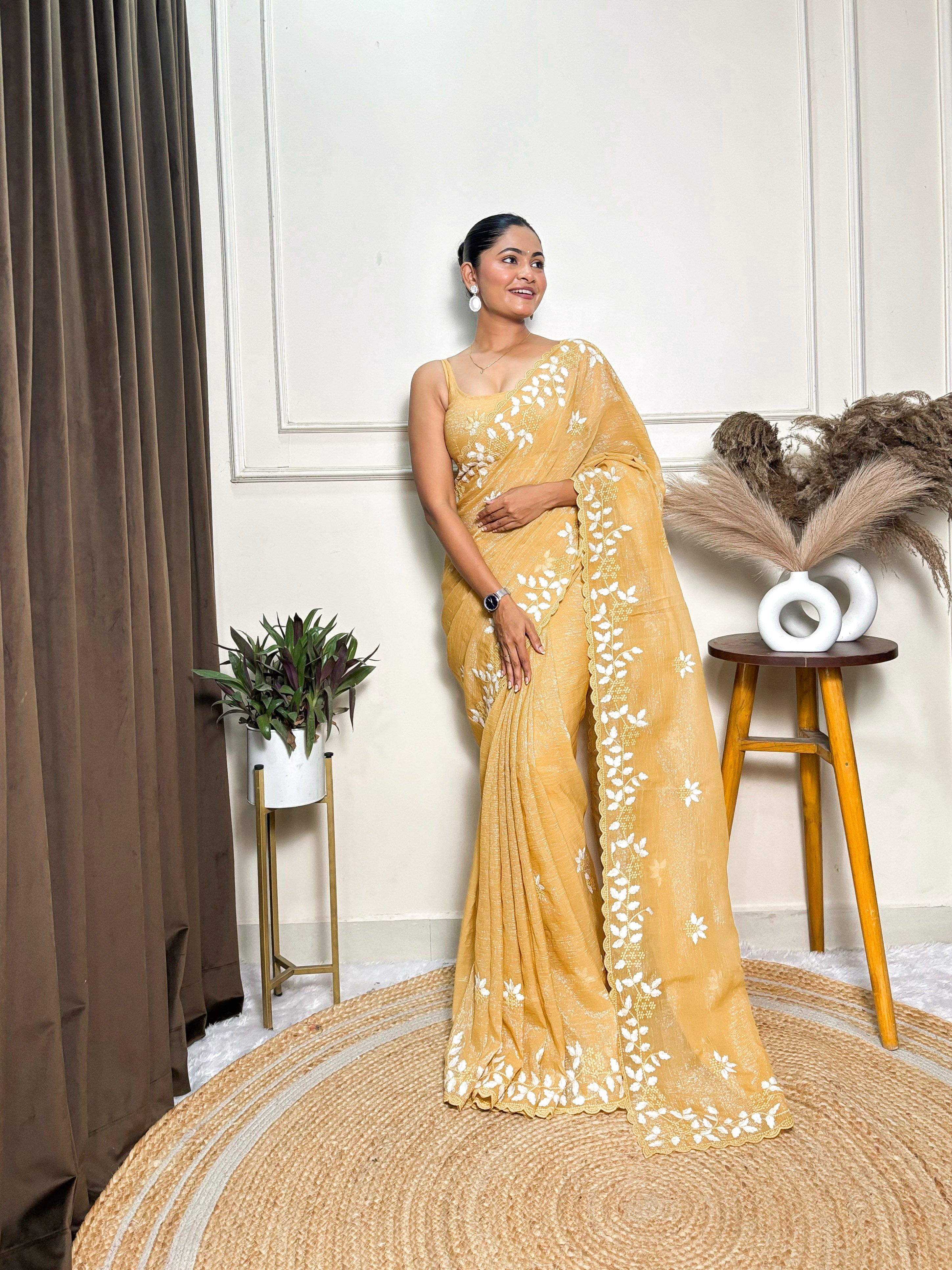 Yellow Crunchy Ethnic Beautiful Embroidered Saree