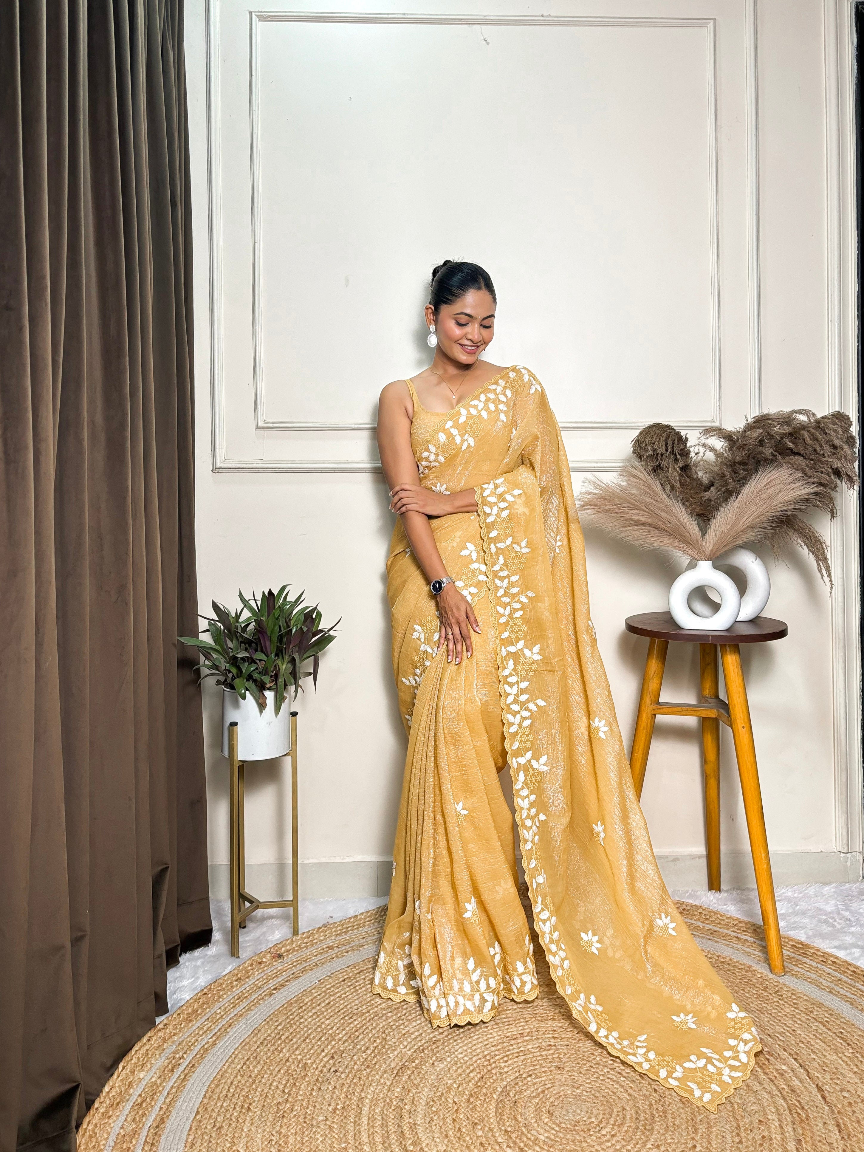 Yellow Crunchy Ethnic Beautiful Embroidered Saree