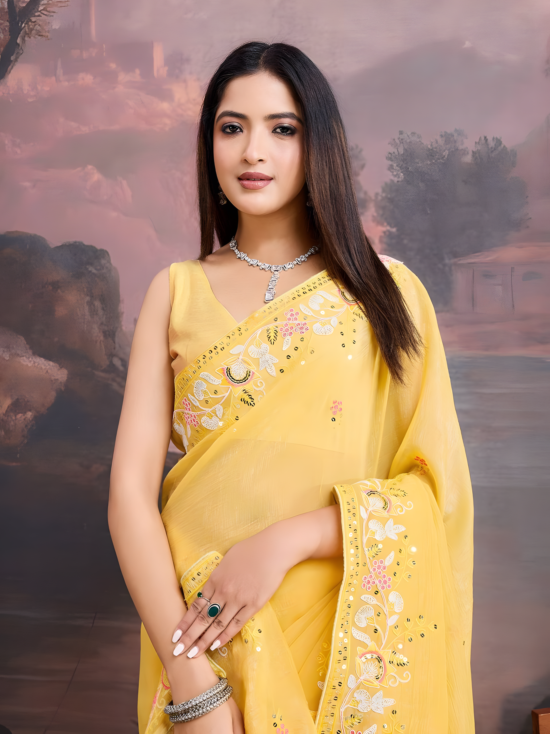 Yellow Curnchy Soft Organza Saree with C Pallu Embroidery work border