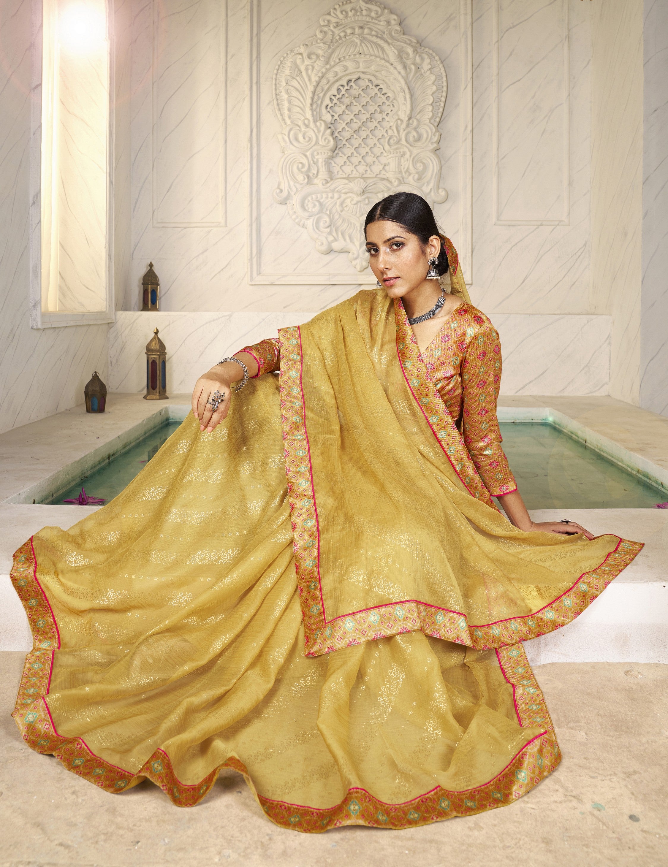 Yellow Designer Digital Foil Printed Bollywood Style Chiffon Saree