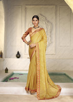 Yellow Designer Digital Foil Printed Bollywood Style Chiffon Saree