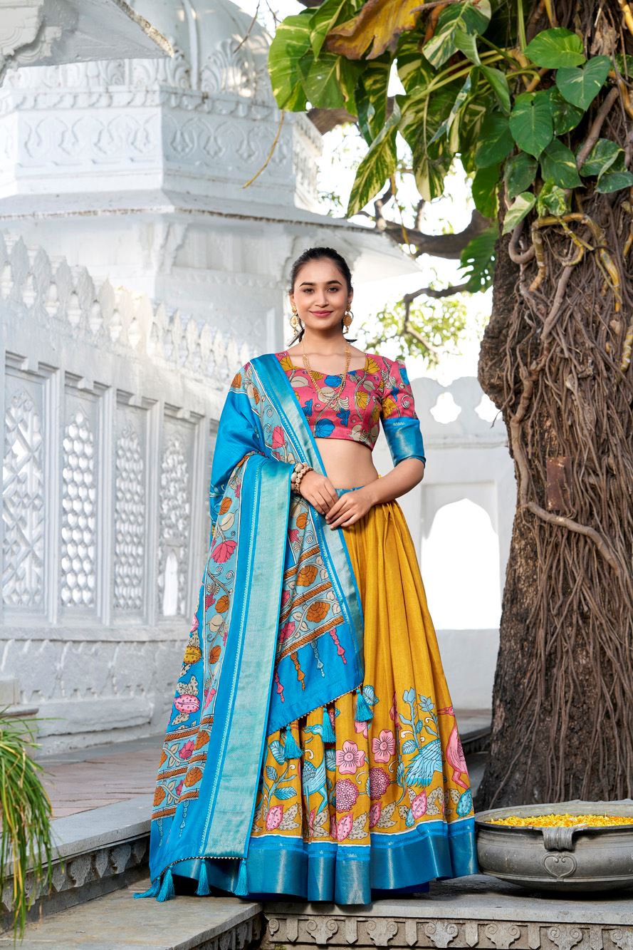 Yellow Dola Silk Lehenga with Kalamkari Print and Rich Zari Woven Border