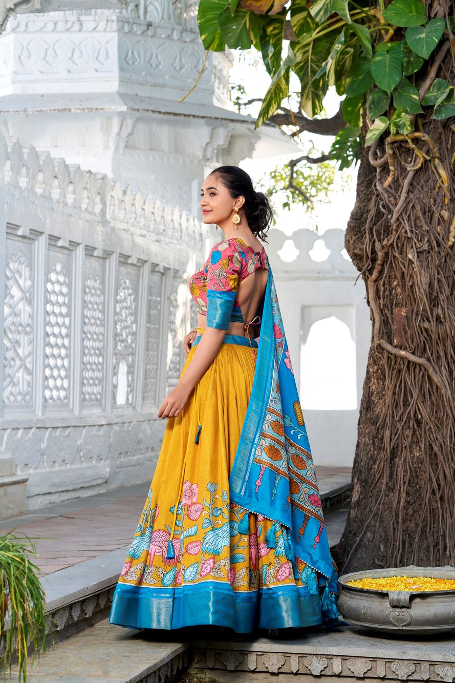 Yellow Dola Silk Lehenga with Kalamkari Print and Rich Zari Woven Border