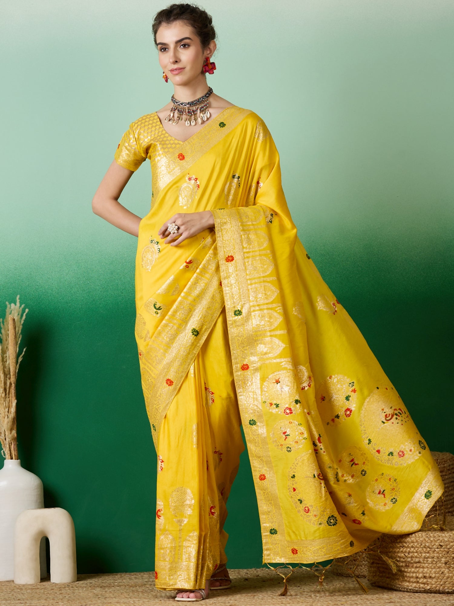 Yellow Dolla Cotton Woven Meenakari Designer Ethnic Festive Saree