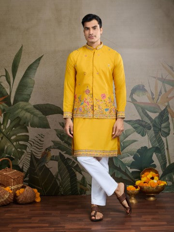 Yellow Embroidered Kurta with Jacket for Ceremonial Look