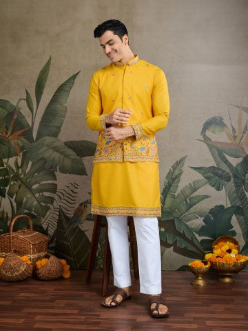 Yellow Embroidered Kurta with Jacket for Ceremonial Look