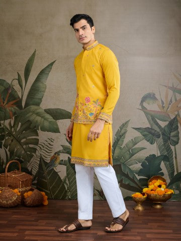 Yellow Embroidered Kurta with Jacket for Ceremonial Look