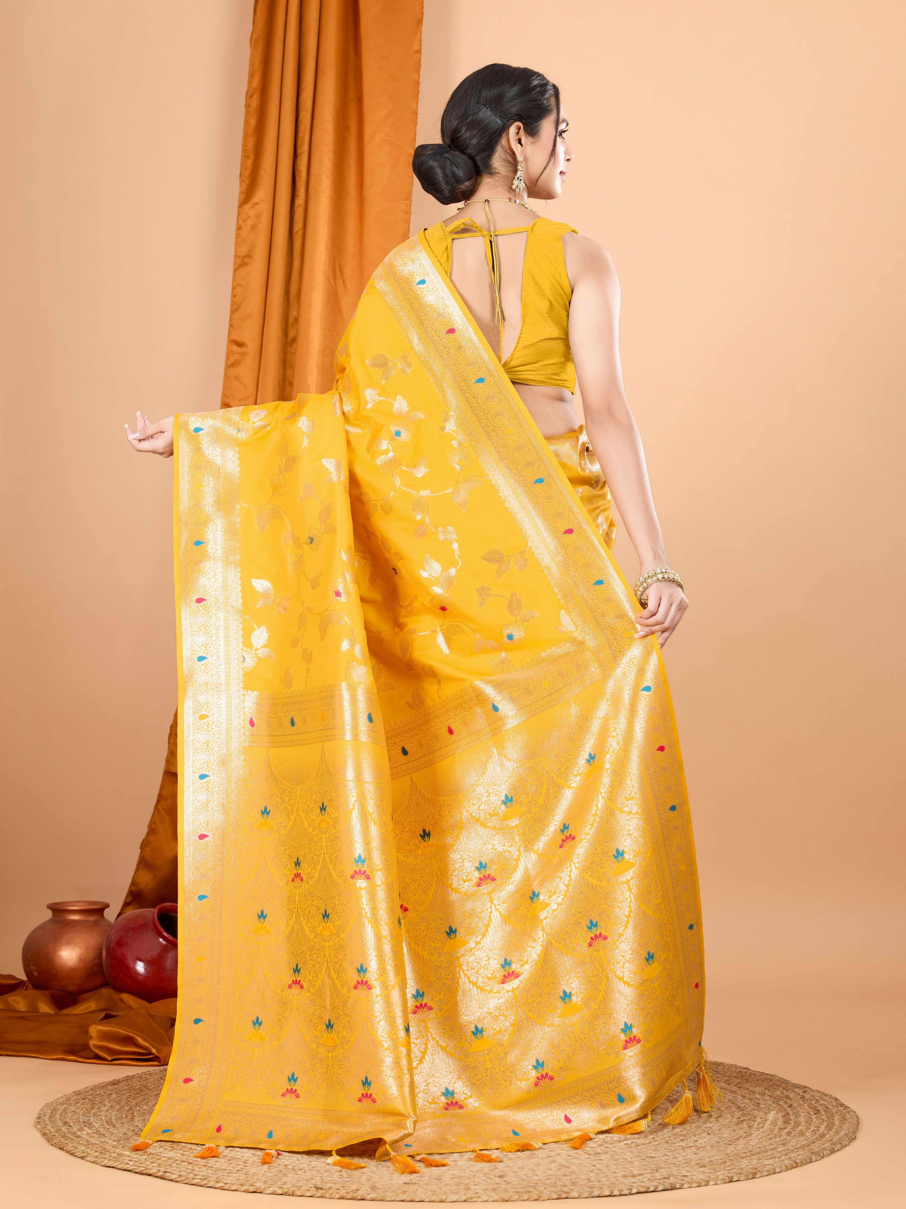 Yellow Ethnic Banarasi Silk Saree With Woven Jari Designer Work