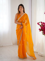 Yellow Fancy Stylish Partywear Saree For Girlie Ethnic Looks