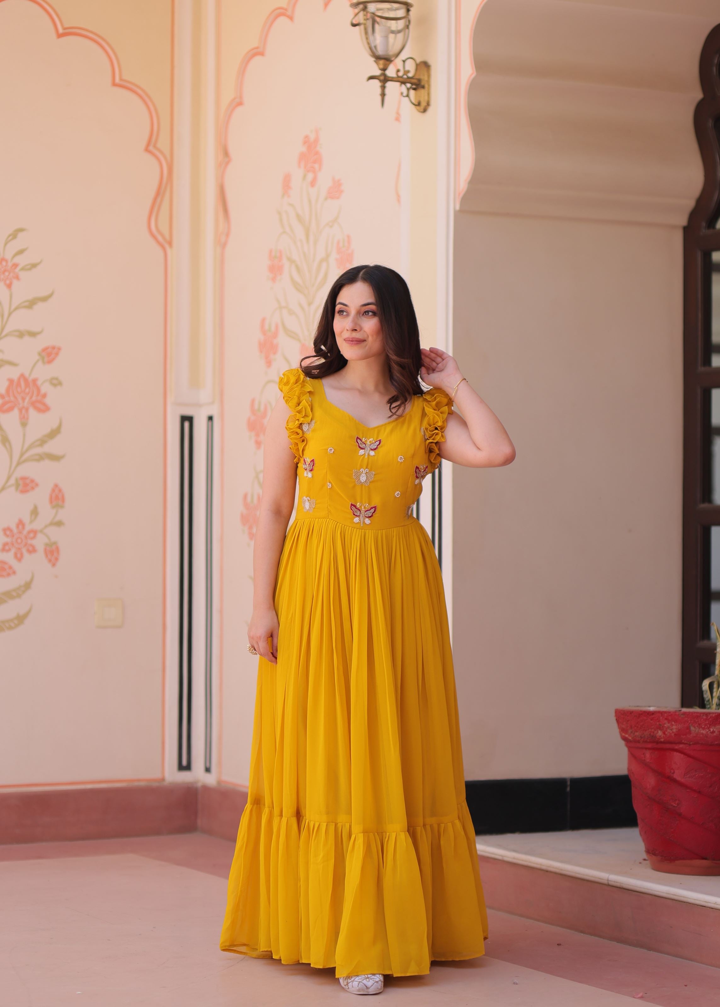 Yellow Faux Blooming Gown With Sequins Multithreaded Beads Embroidered work