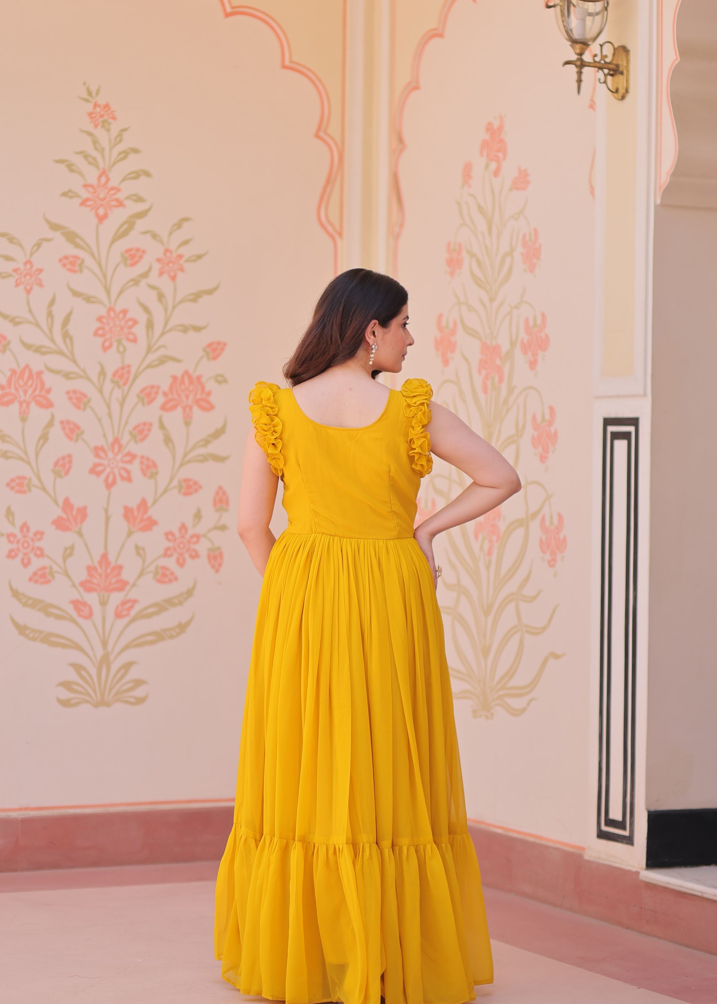 Yellow Faux Blooming Gown With Sequins Multithreaded Beads Embroidered work