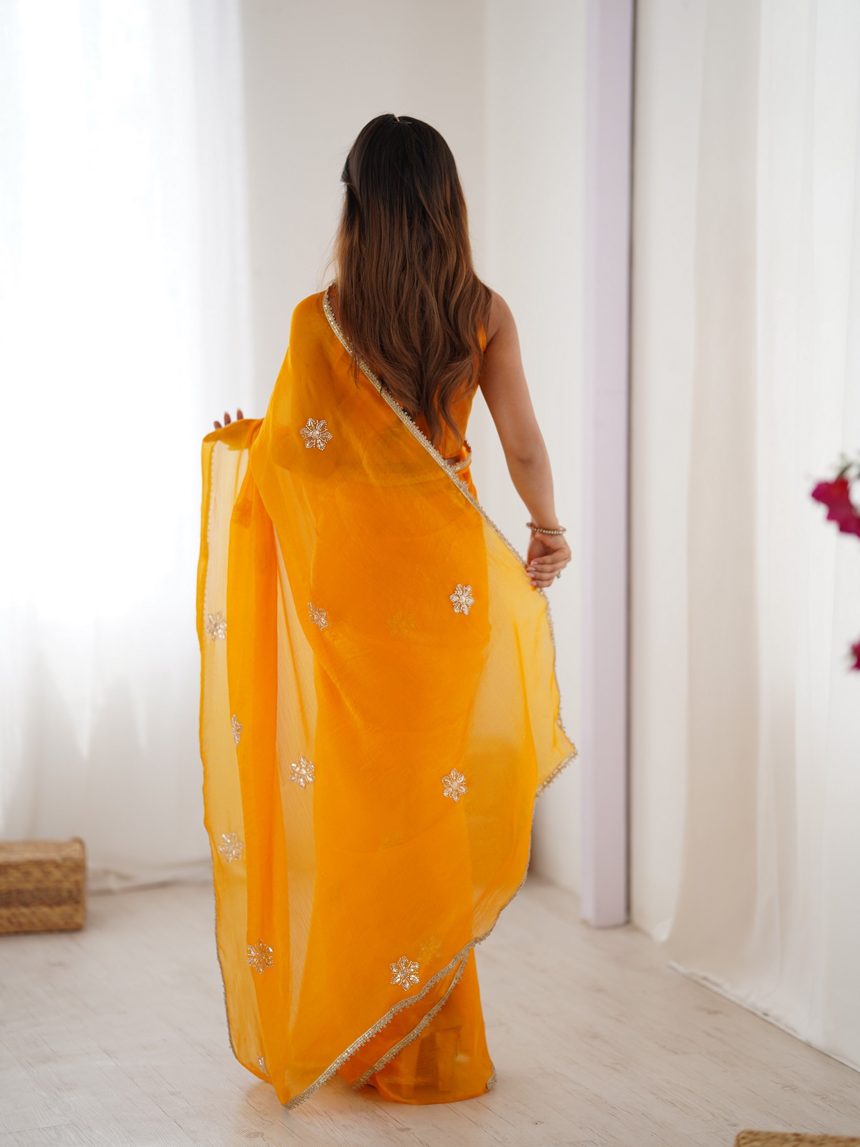 Yellow Fendy Designer Beads Moti And Val Sequance Work Partywear Saree