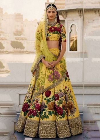 Yellow Floral Digital Printed Art Silk Bridal Lehenga Choli