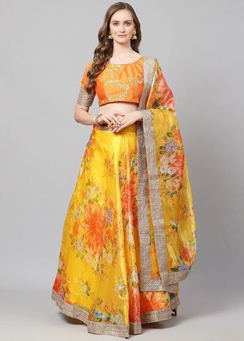 Yellow Floral Digital Printed Organza Bridal Lehenga Choli