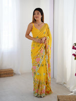 Yellow Floral Embroidered Sequins Work Partywear Saree
