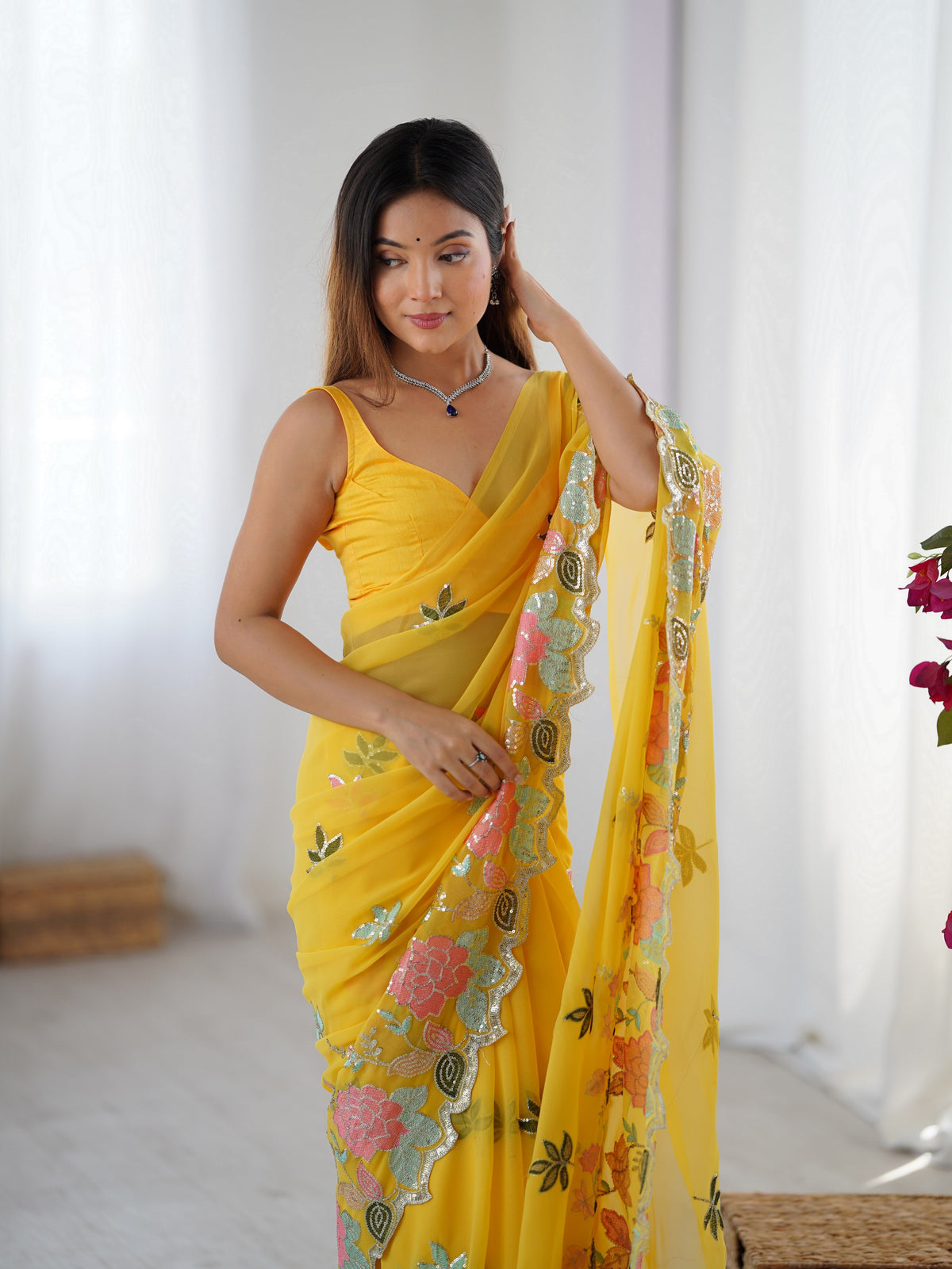 Yellow Floral Embroidered Sequins Work Partywear Saree