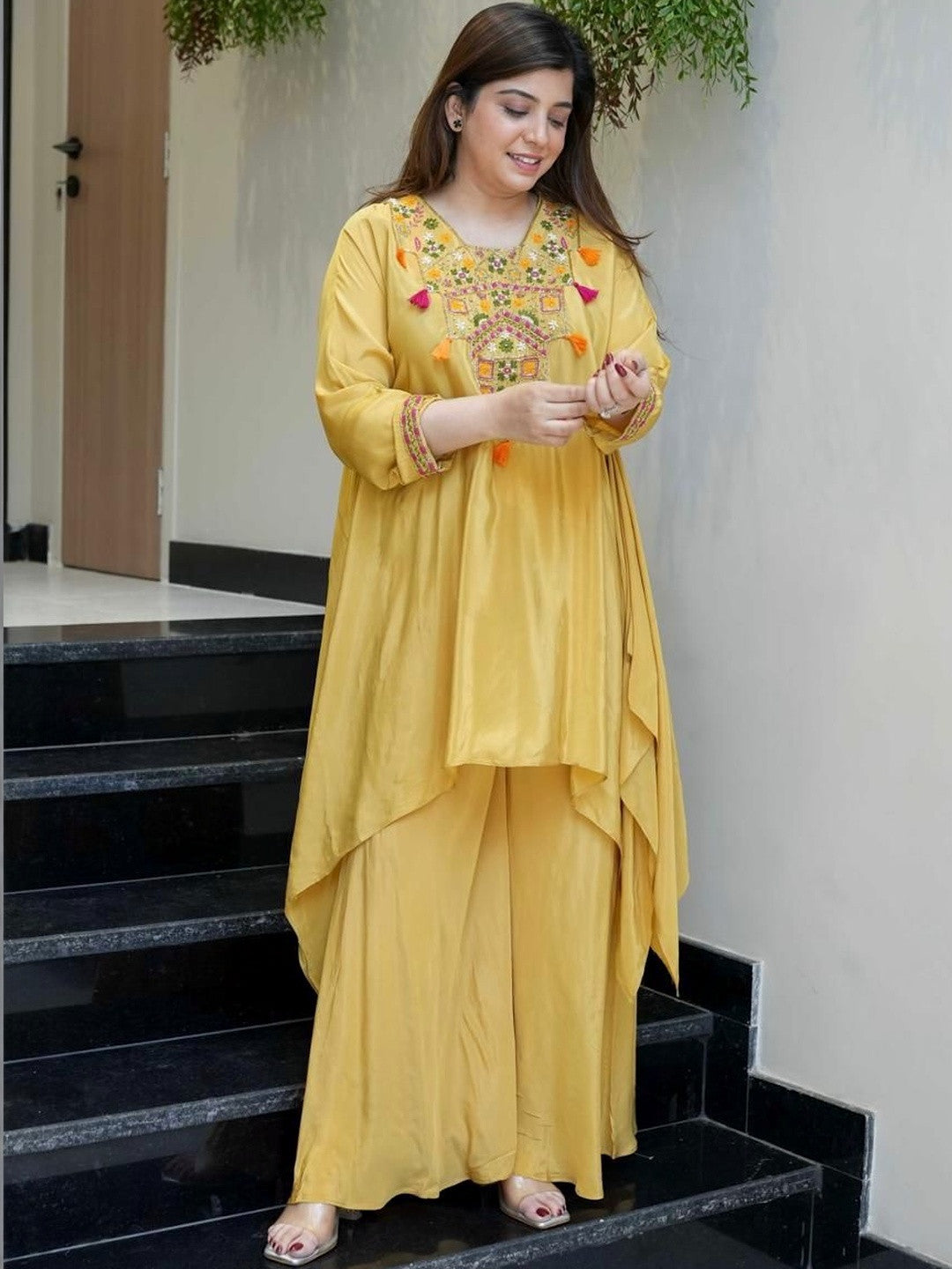 Yellow French Crepe Co-Ord Set With Heavy Thread Embroidery Work