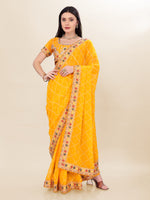 Yellow Georgette Bandhej Printed Saree With Graceful Embroidery Work