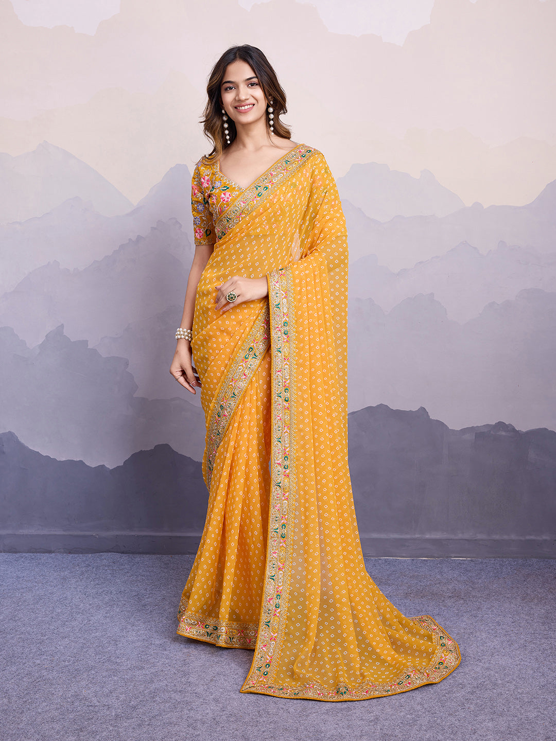 Yellow Georgette Designer Partywear Bandhej Saree