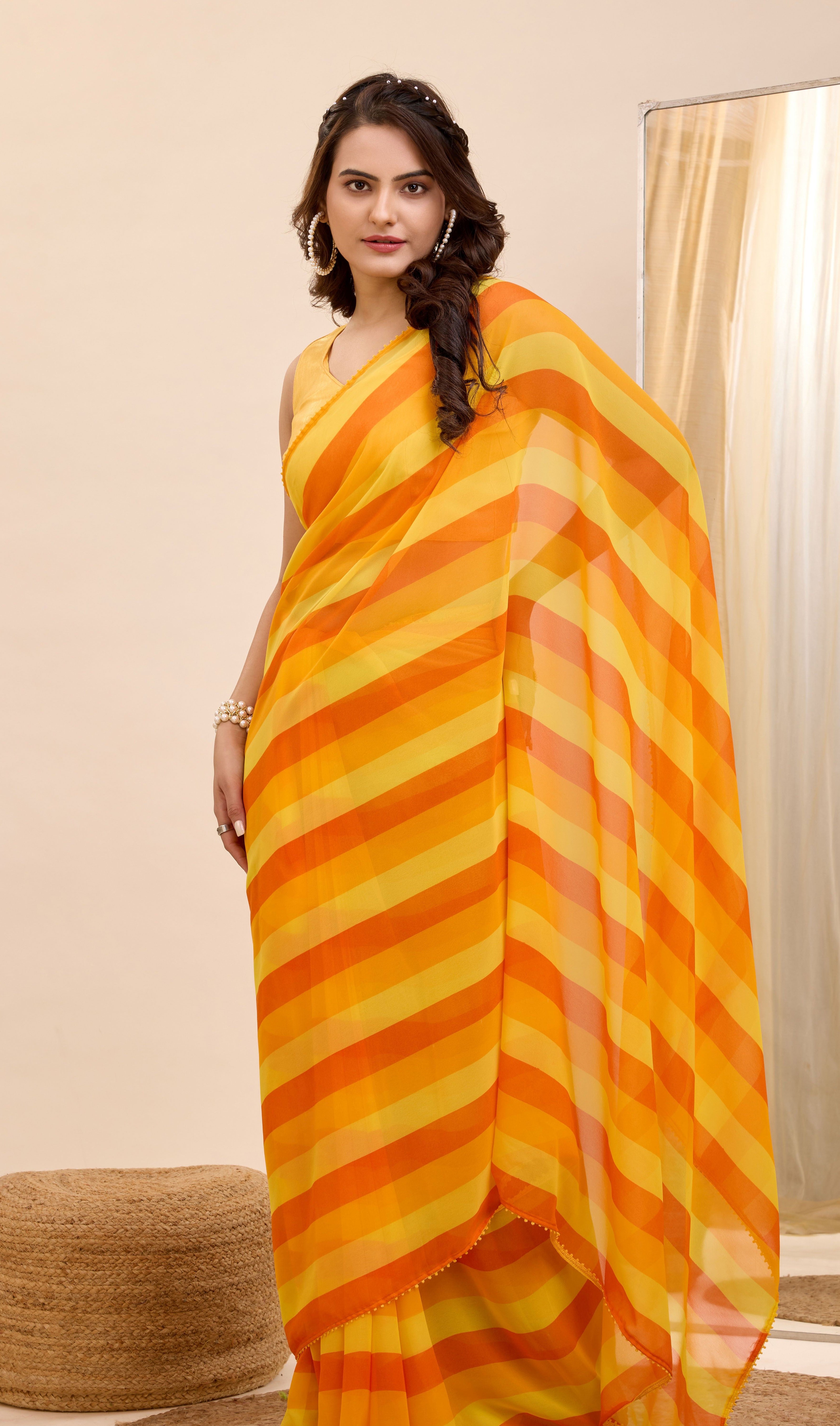 Yellow Georgette Designer Printed Ethnic Ready To Wear Saree