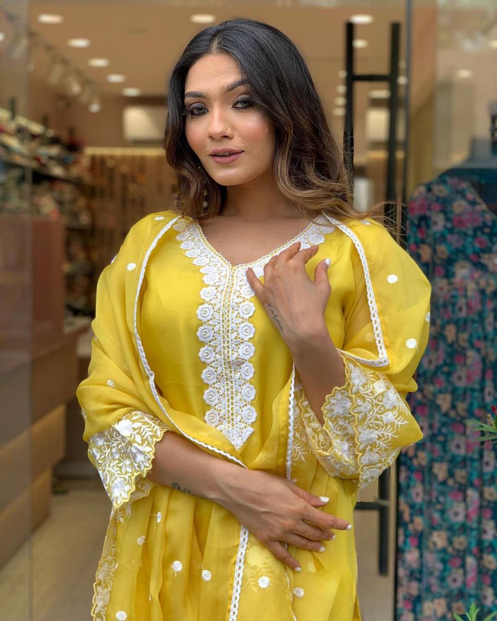 Yellow Georgette Kurta Pant With Embroidery Work