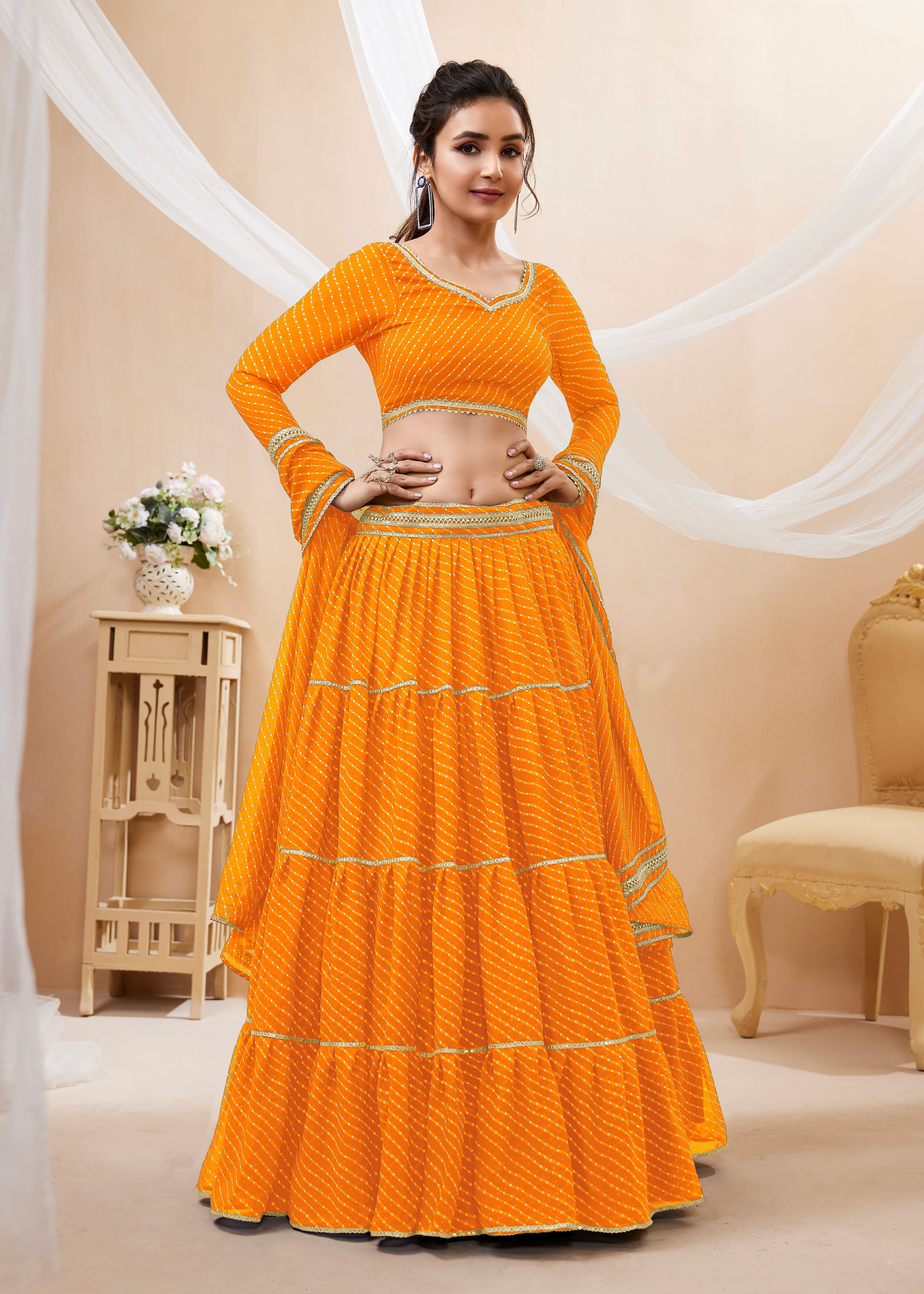 Yellow Georgette Lehenga Choli With Georgette Leheriya Printed with lace all over work