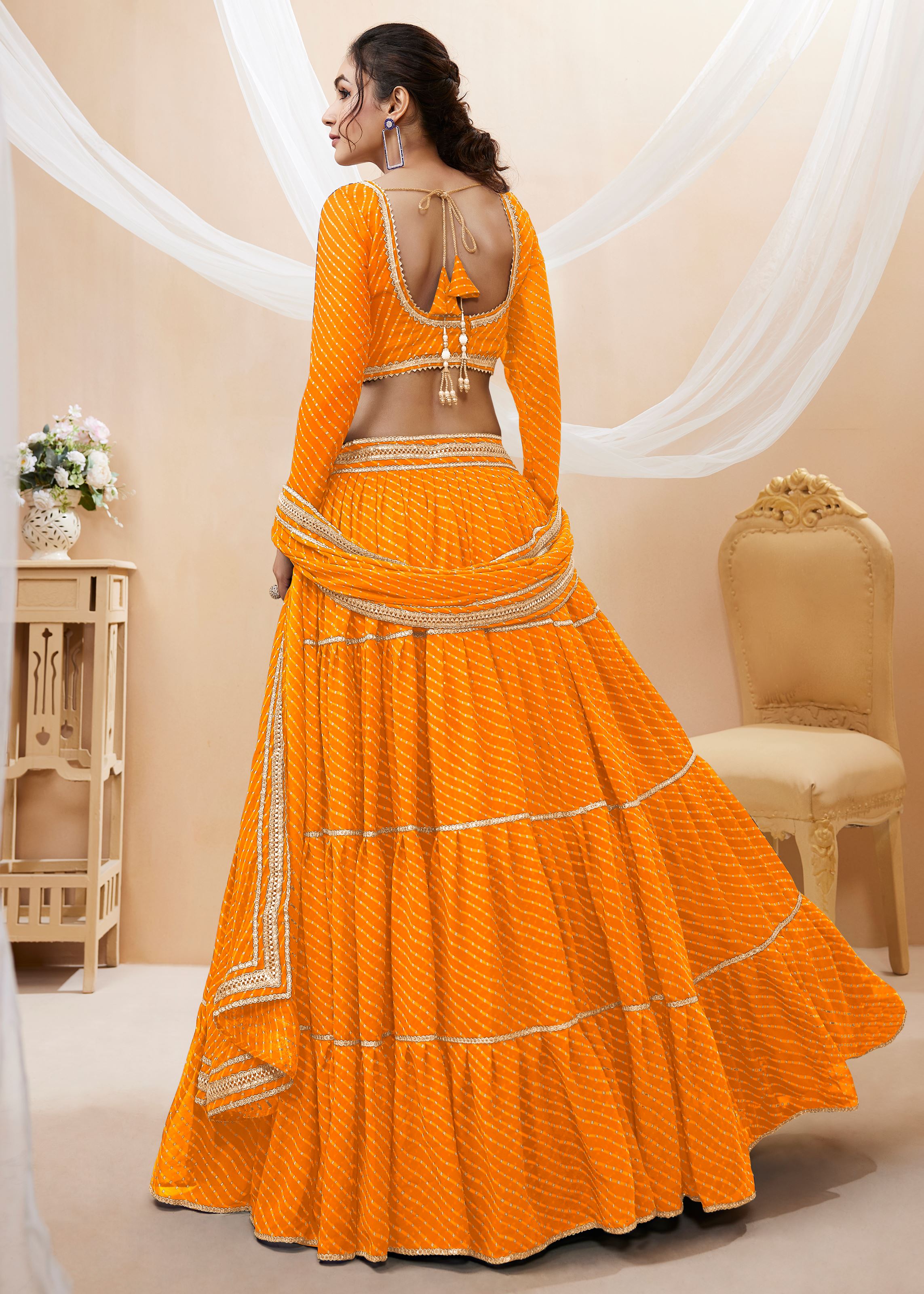 Yellow Georgette Lehenga Choli With Georgette Leheriya Printed with lace all over work