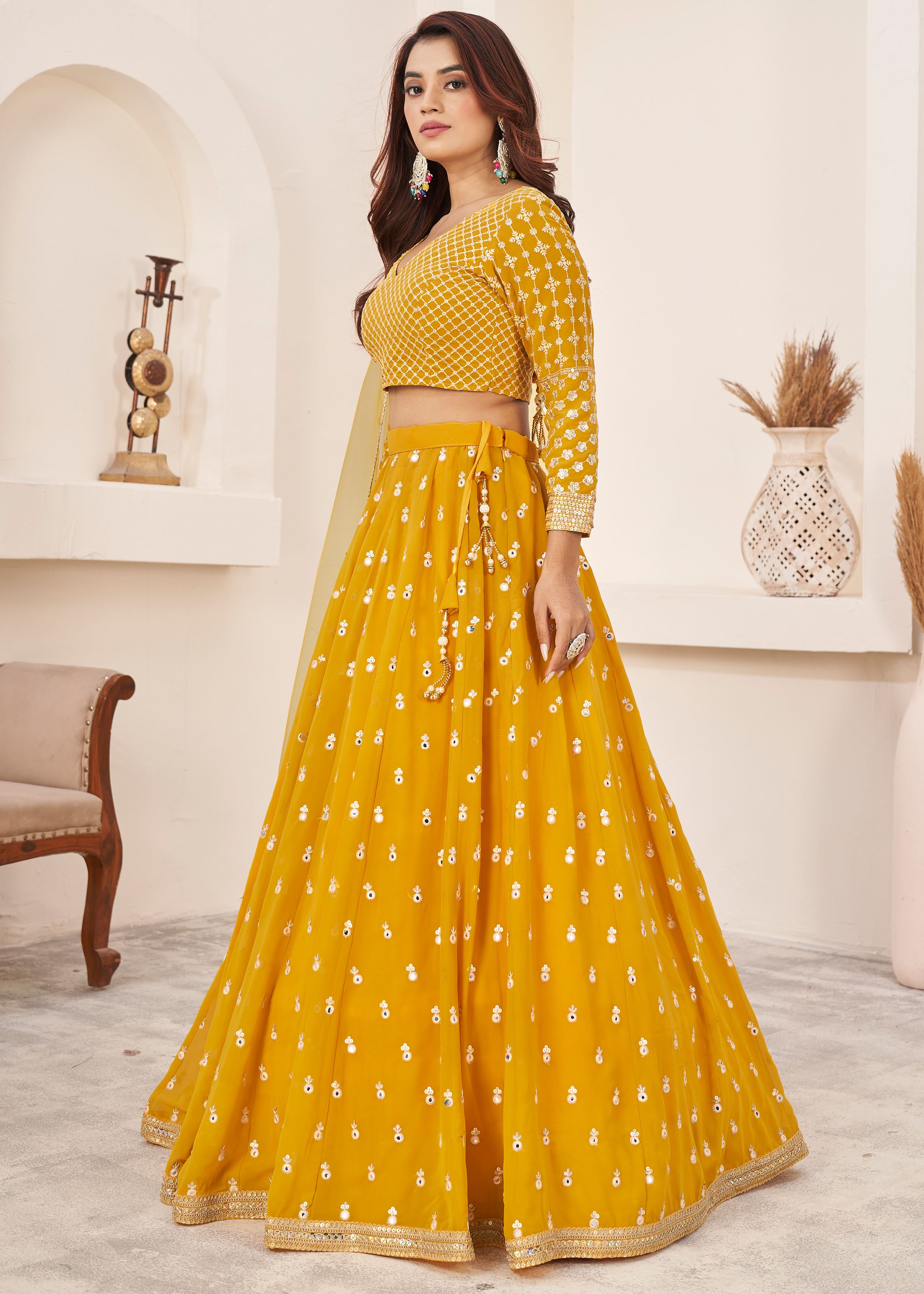Yellow Georgette Lehenga Choli With Multi Colored Thread with Sequins Embroidered Work