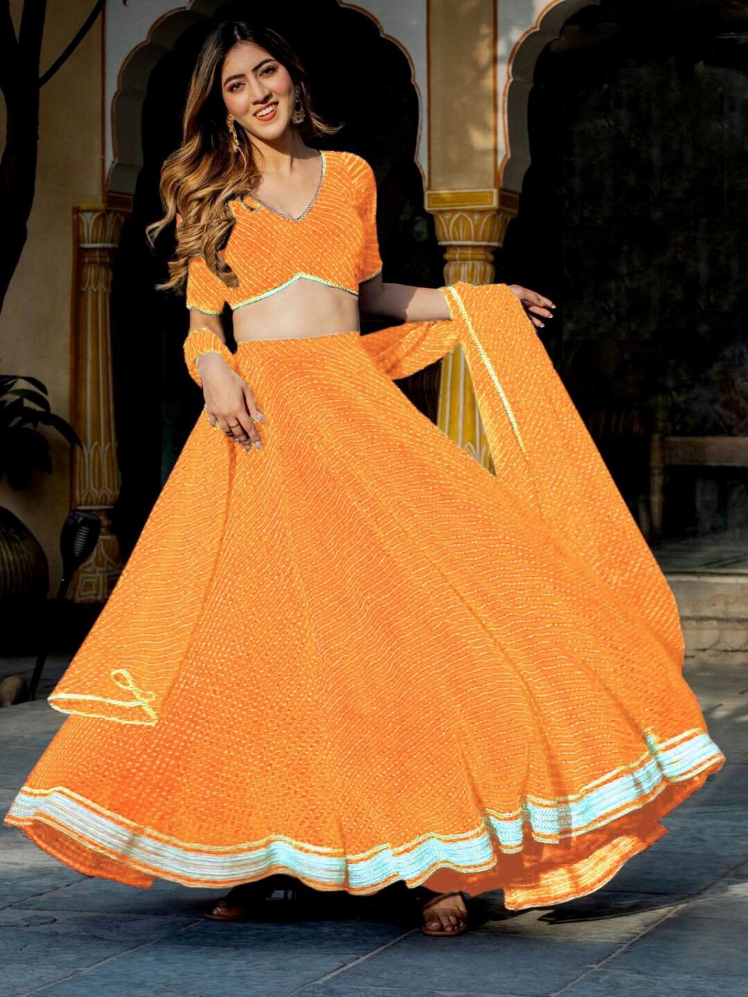 Yellow Georgette Lehenga Choli With Zari,Cording Lace work and Leheriya Print